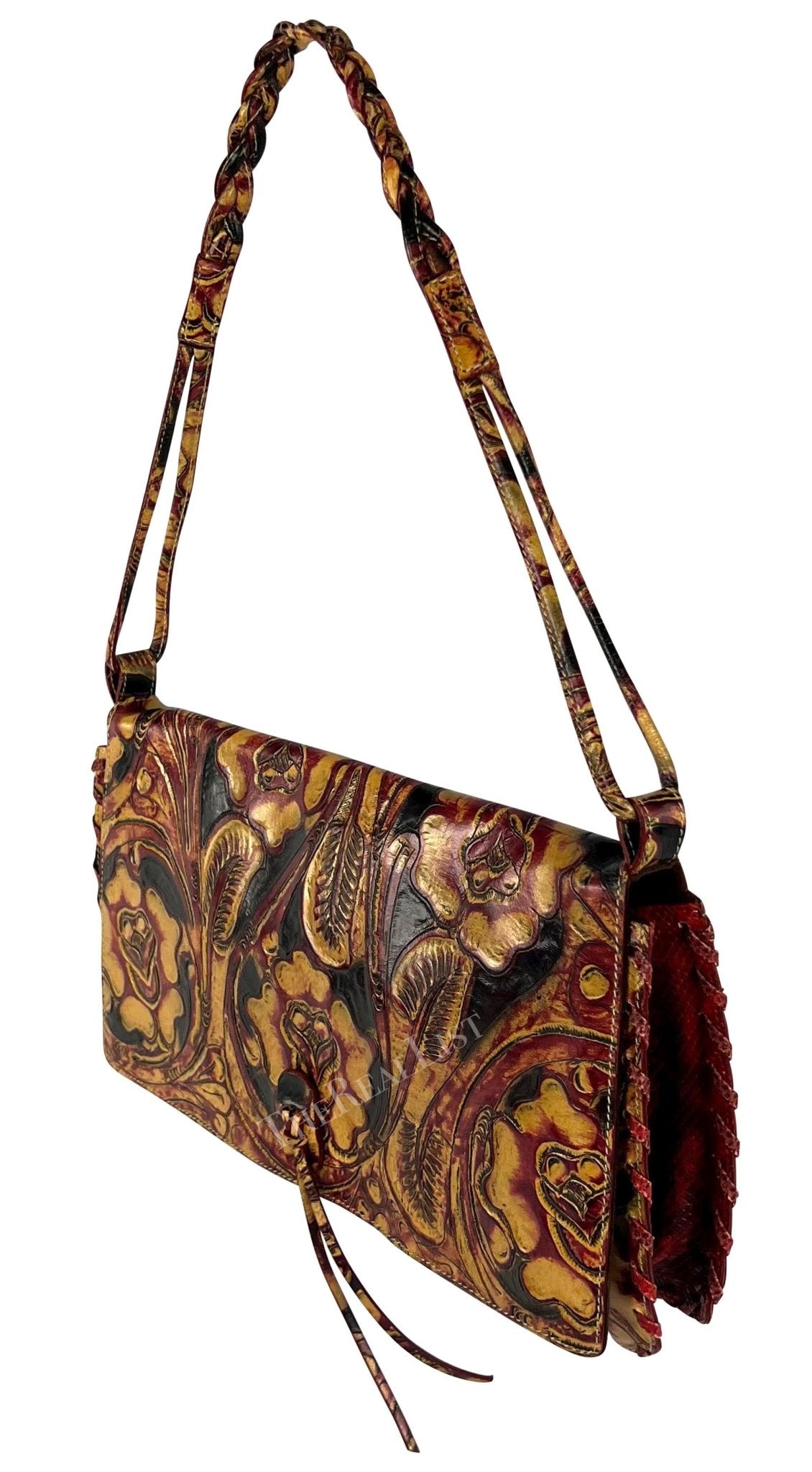 2000s Emanuel Ungaro Red Lizard Tan Tooled Floral Leather Shoulder Bag - RealList