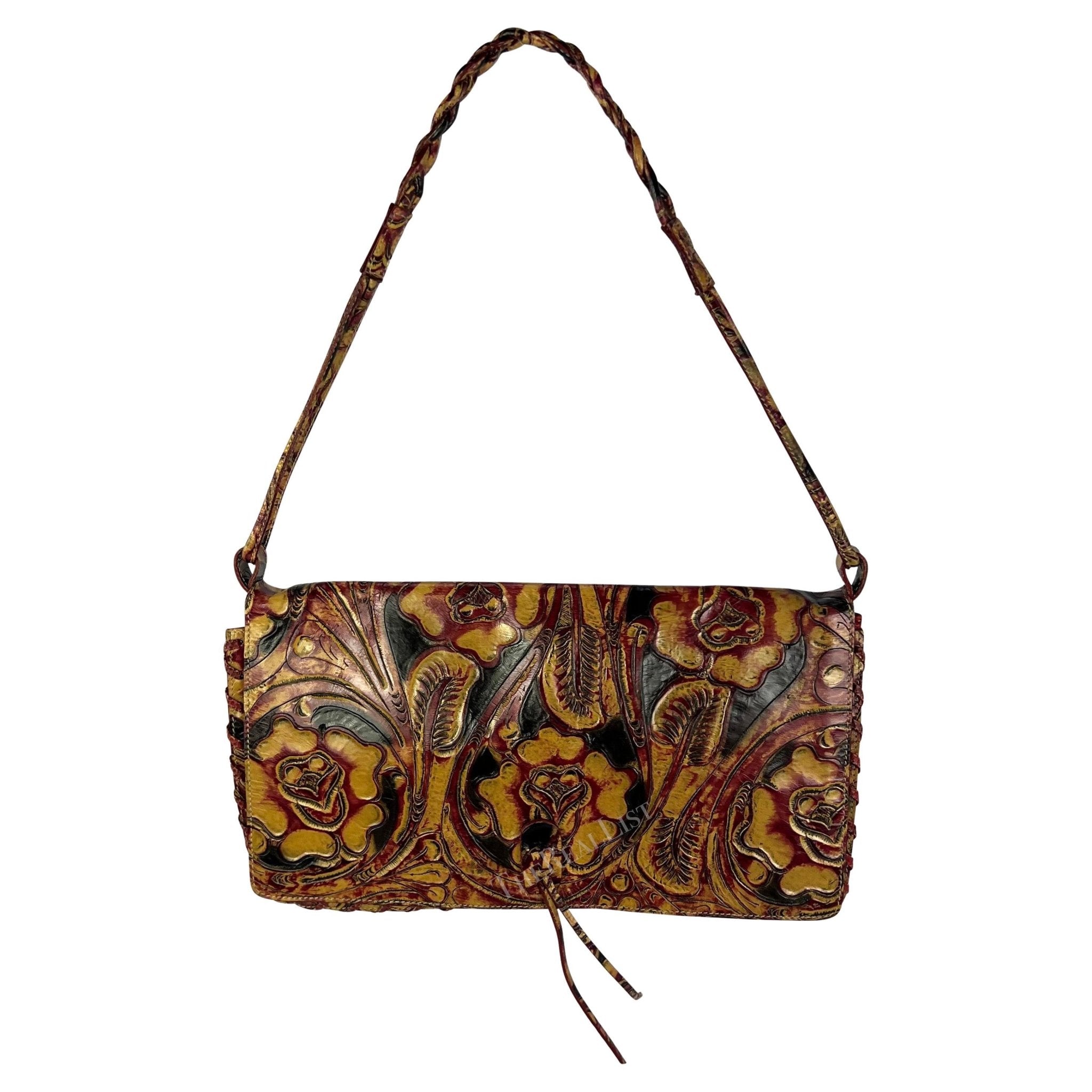 2000s Emanuel Ungaro Red Lizard Tan Tooled Floral Leather Shoulder Bag - RealList