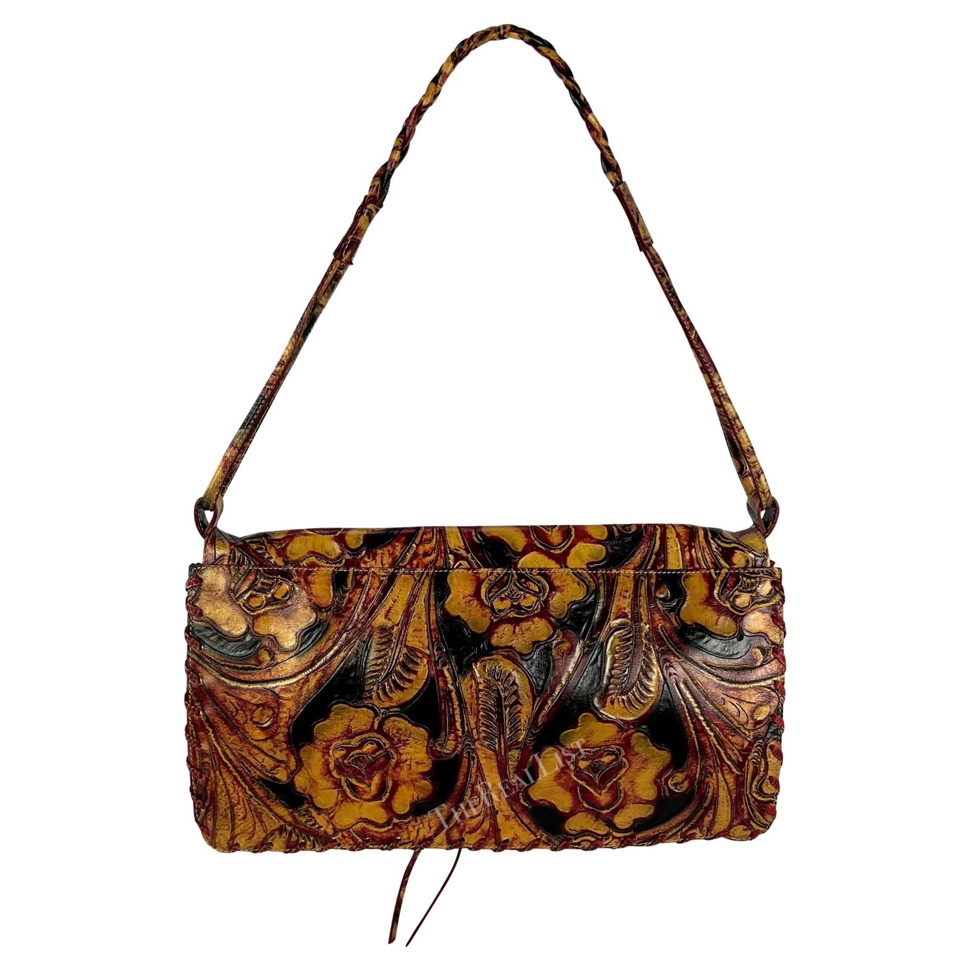 2000s Emanuel Ungaro Red Lizard Tan Tooled Floral Leather Shoulder Bag - RealList