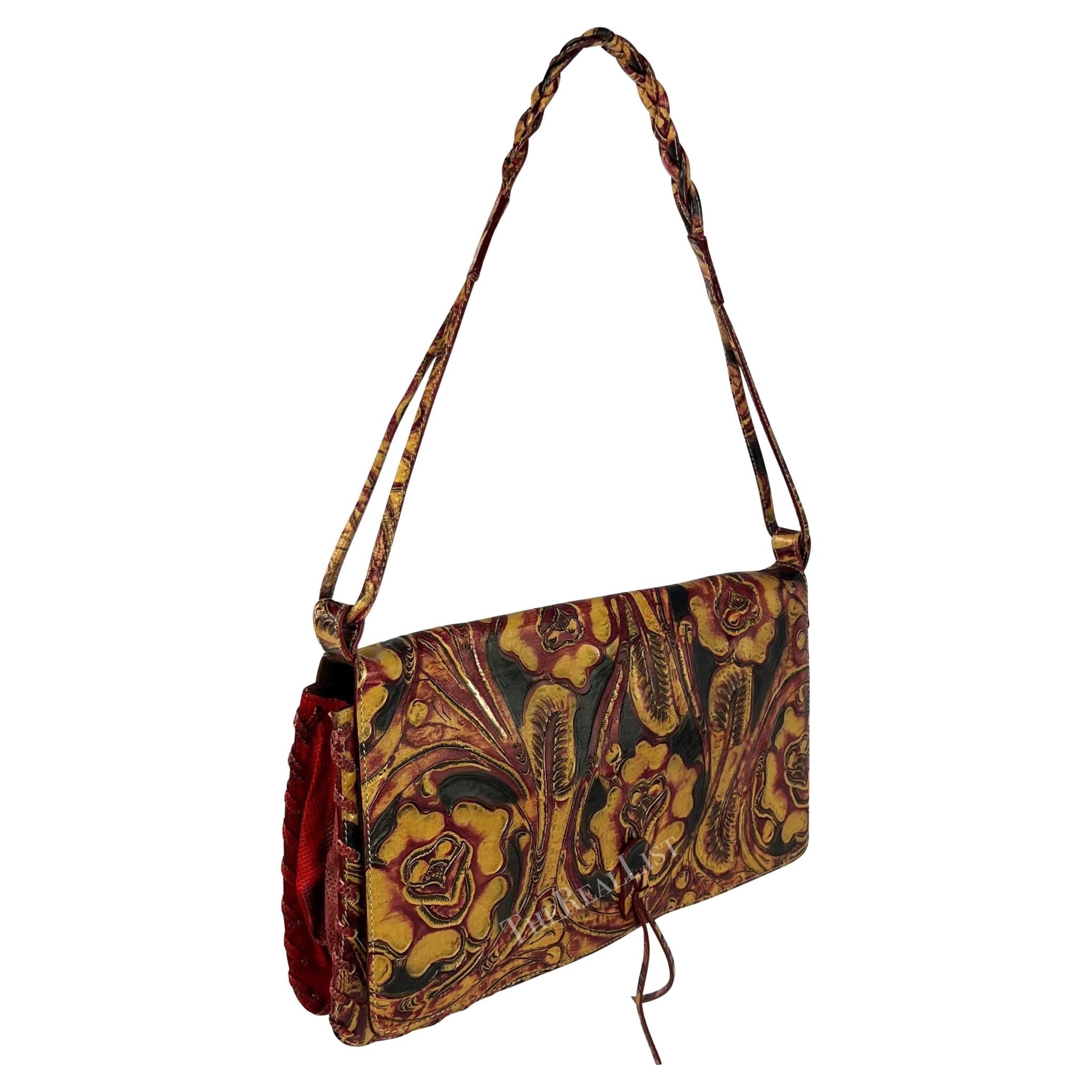 2000s Emanuel Ungaro Red Lizard Tan Tooled Floral Leather Shoulder Bag - RealList