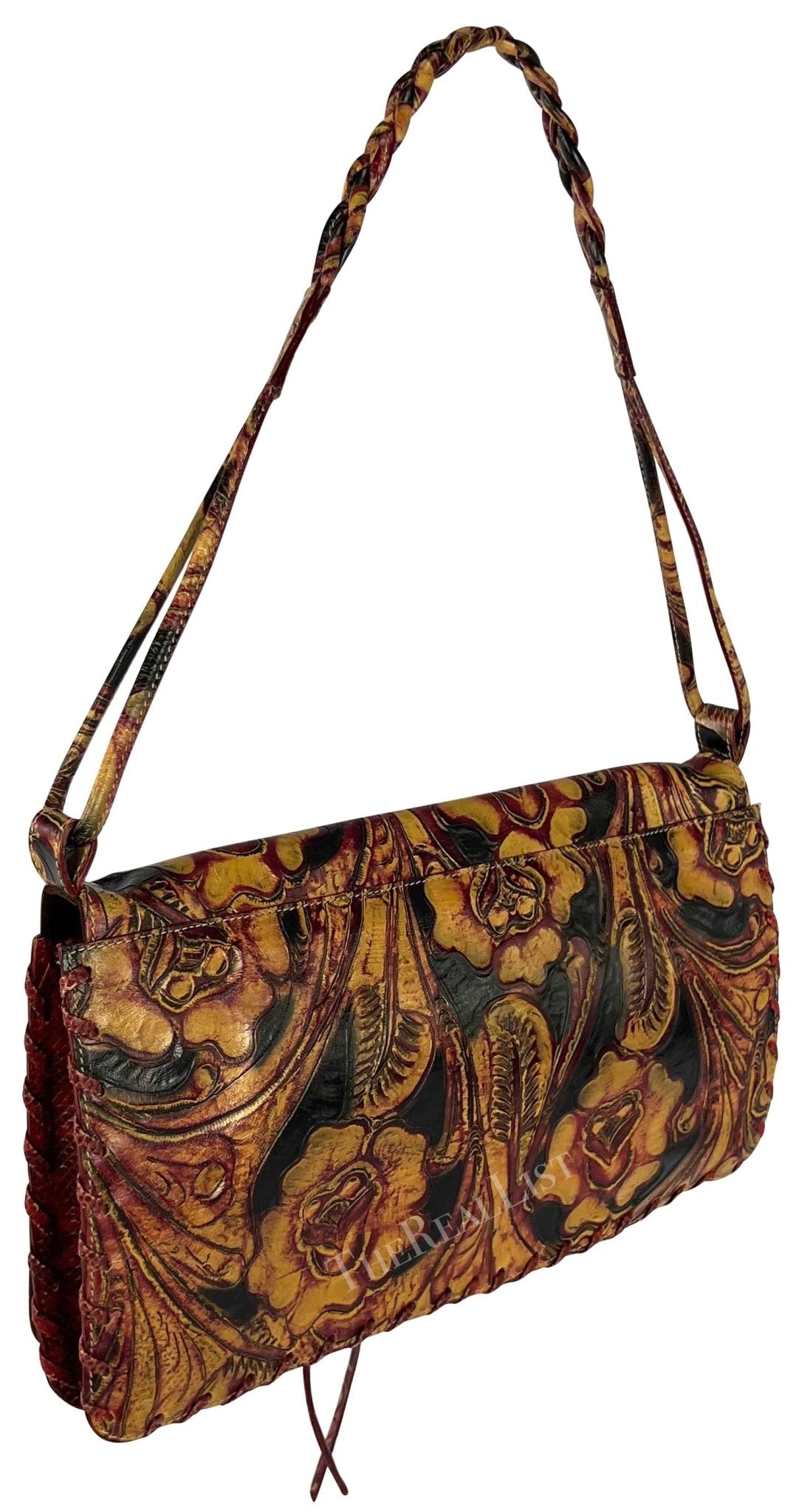 2000s Emanuel Ungaro Red Lizard Tan Tooled Floral Leather Shoulder Bag - RealList