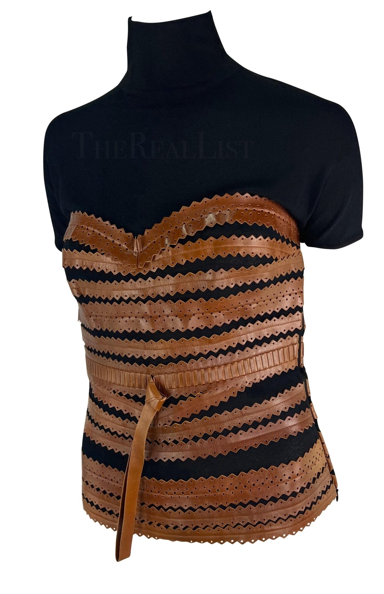 2000s Gianfranco Ferre Black Mock Neck Brown Leather Lace Up Corset Top - RealList