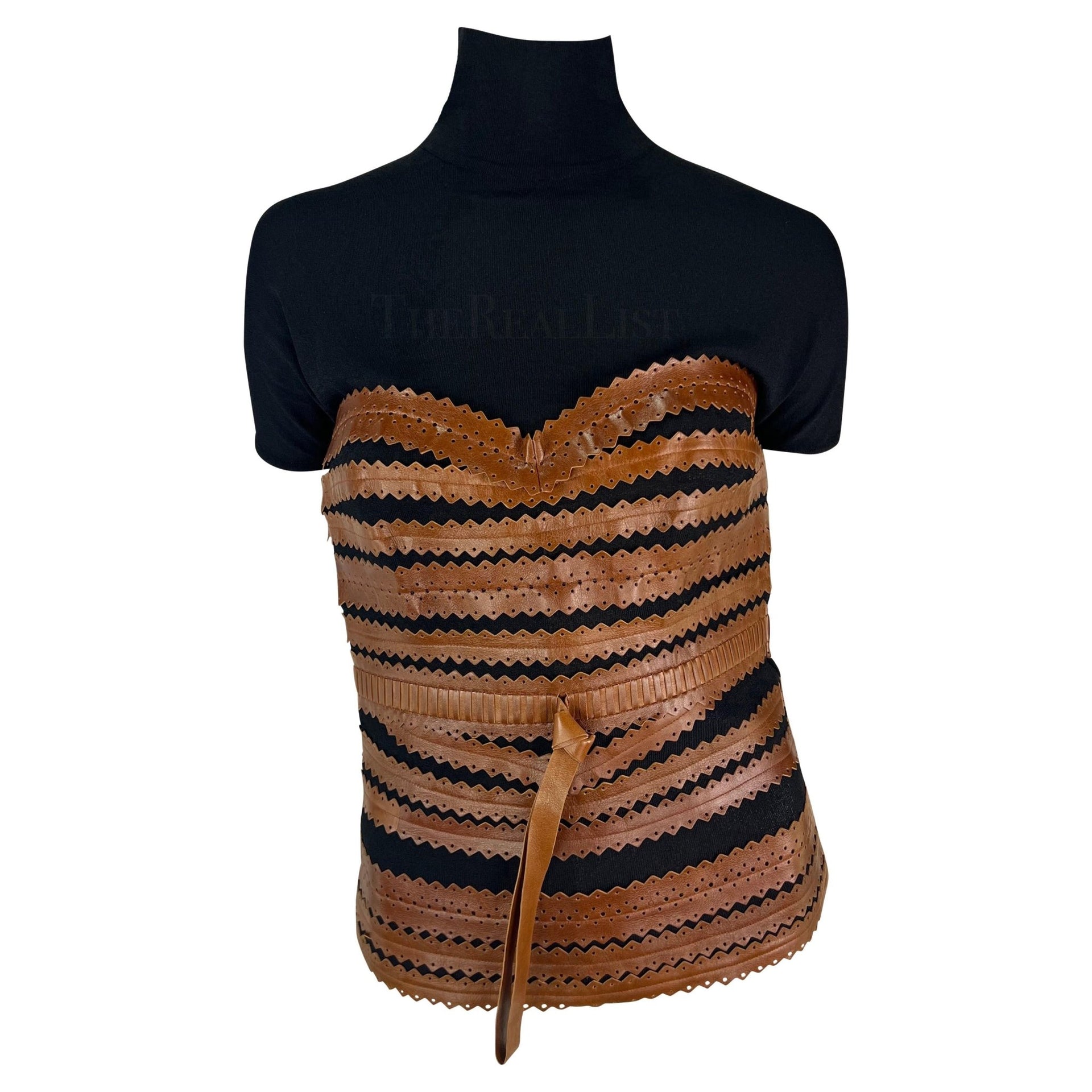 2000s Gianfranco Ferre Black Mock Neck Brown Leather Lace Up Corset Top - RealList