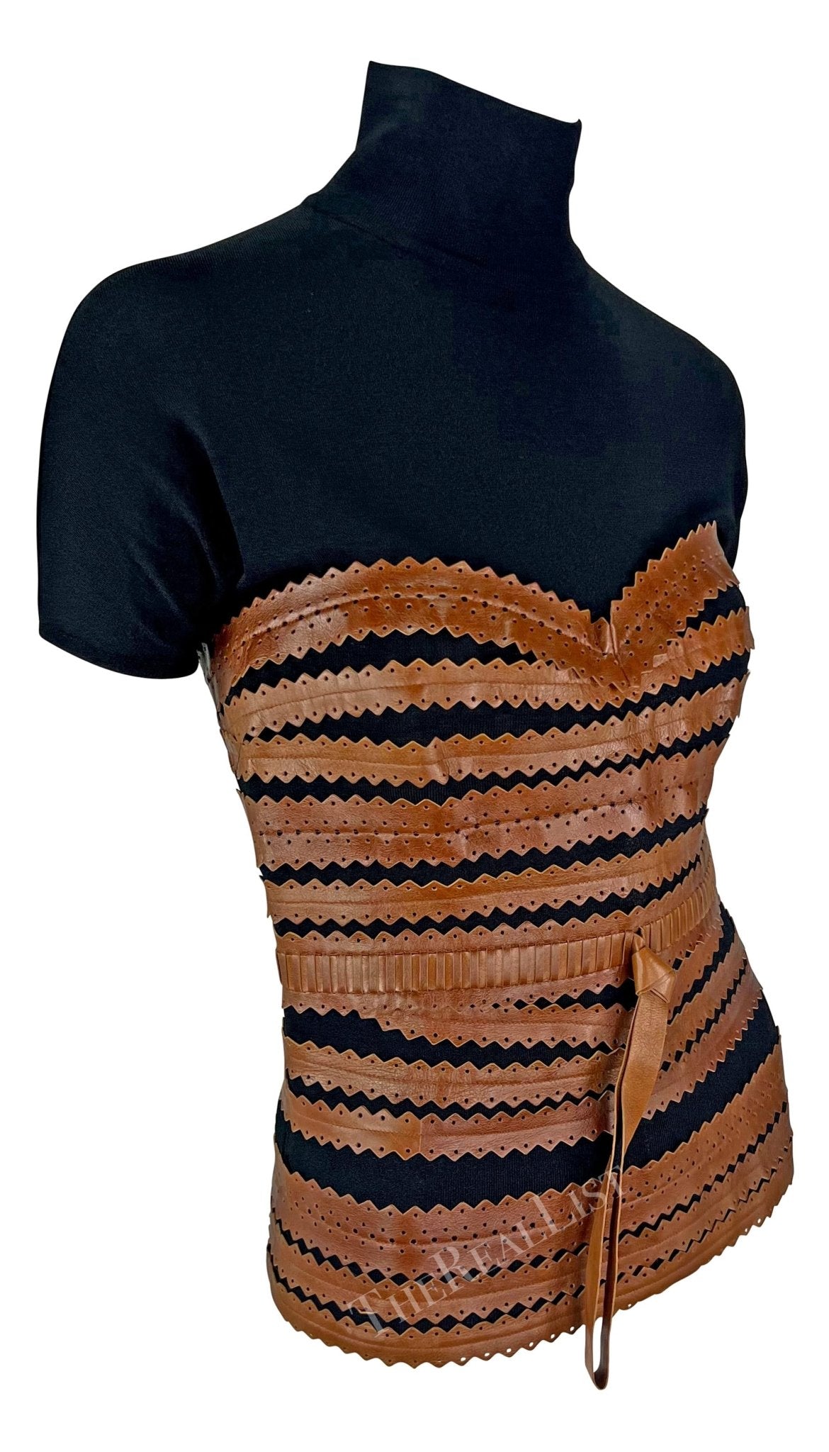 2000s Gianfranco Ferre Black Mock Neck Brown Leather Lace Up Corset Top - RealList