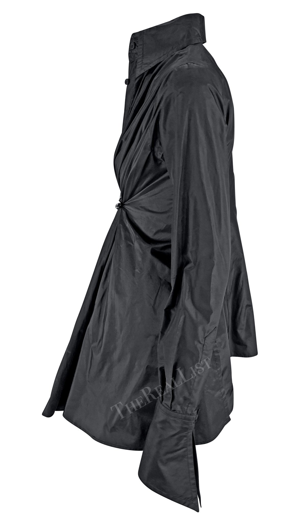 2000s Gianfranco Ferre Black Silk Gold Metal Accent Silk Collared Shirt - RealList