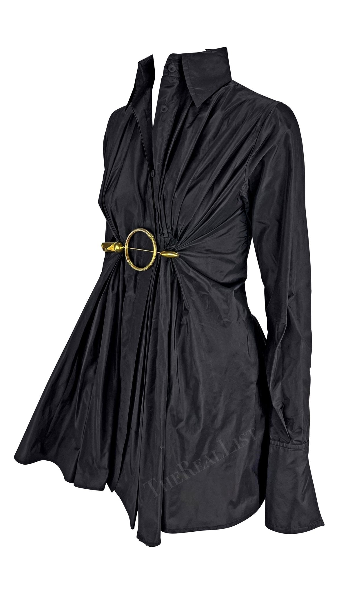 2000s Gianfranco Ferre Black Silk Gold Metal Accent Silk Collared Shirt - RealList