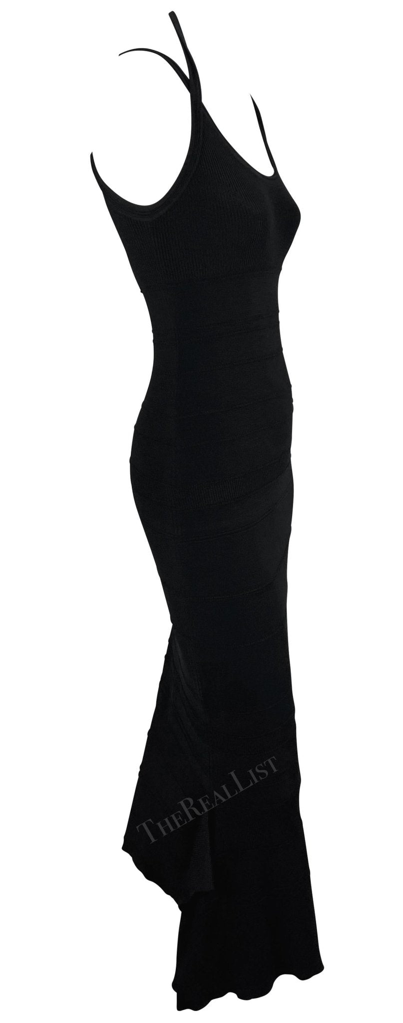 2000s Gianfranco Ferré Stretch Ribbed Knit Bodycon Flare Black Maxi Dress - RealList