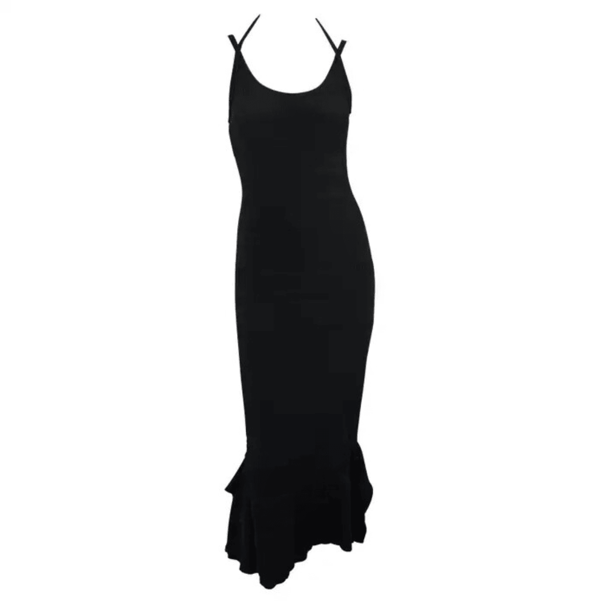 2000s Gianfranco Ferré Stretch Ribbed Knit Bodycon Flare Black Maxi Dress - RealList