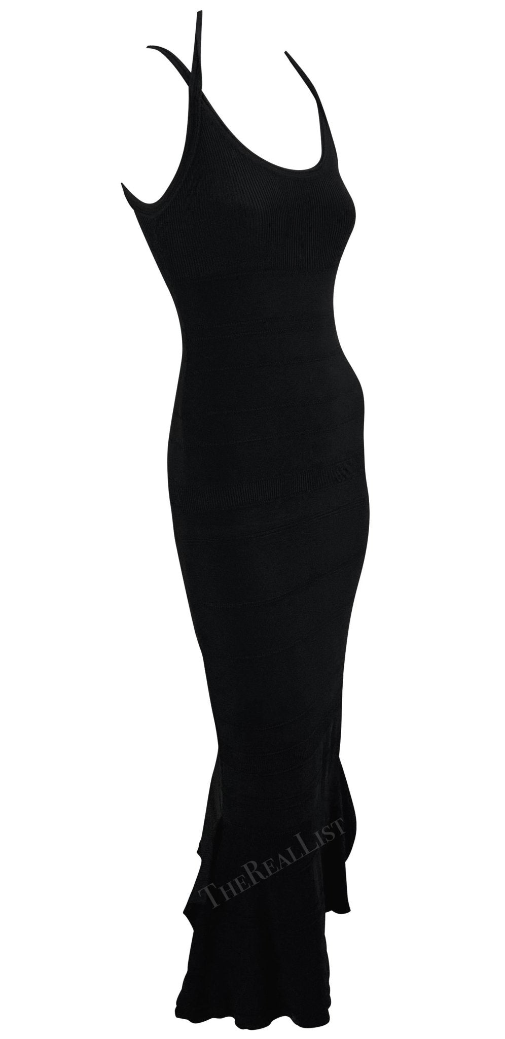 2000s Gianfranco Ferré Stretch Ribbed Knit Bodycon Flare Black Maxi Dress - RealList