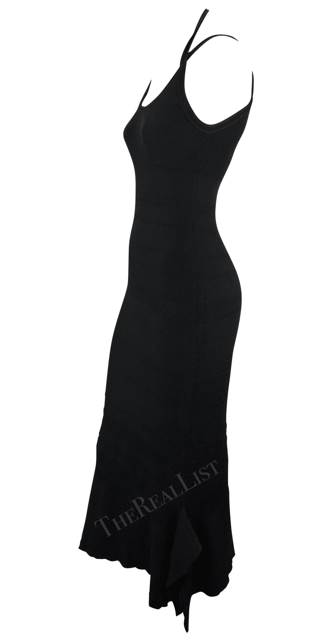 2000s Gianfranco Ferré Stretch Ribbed Knit Bodycon Flare Black Maxi Dress - RealList