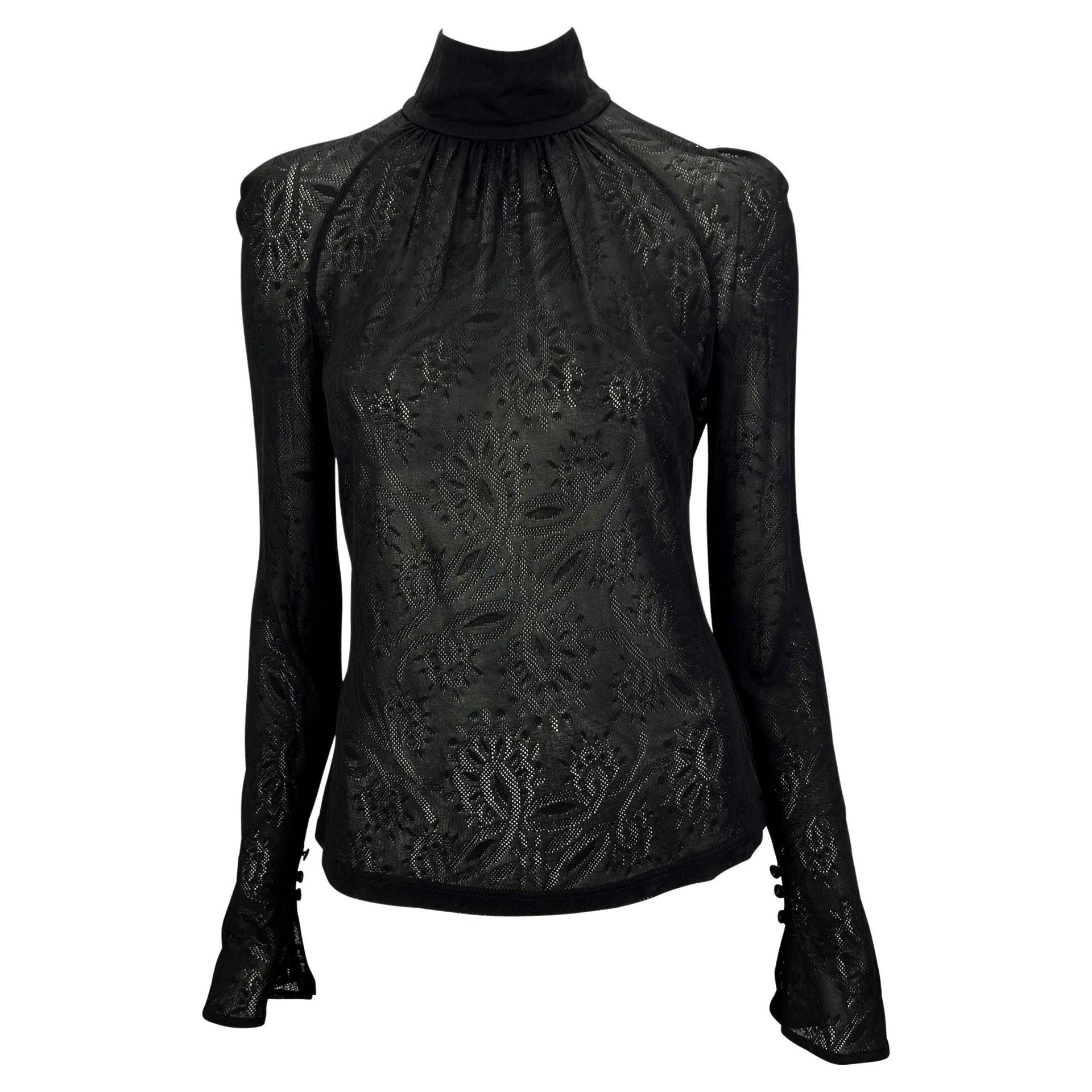 2000s Gianni Versace by Donatella Black Sheer Lace Flare Mock Neck Blouse - RealList