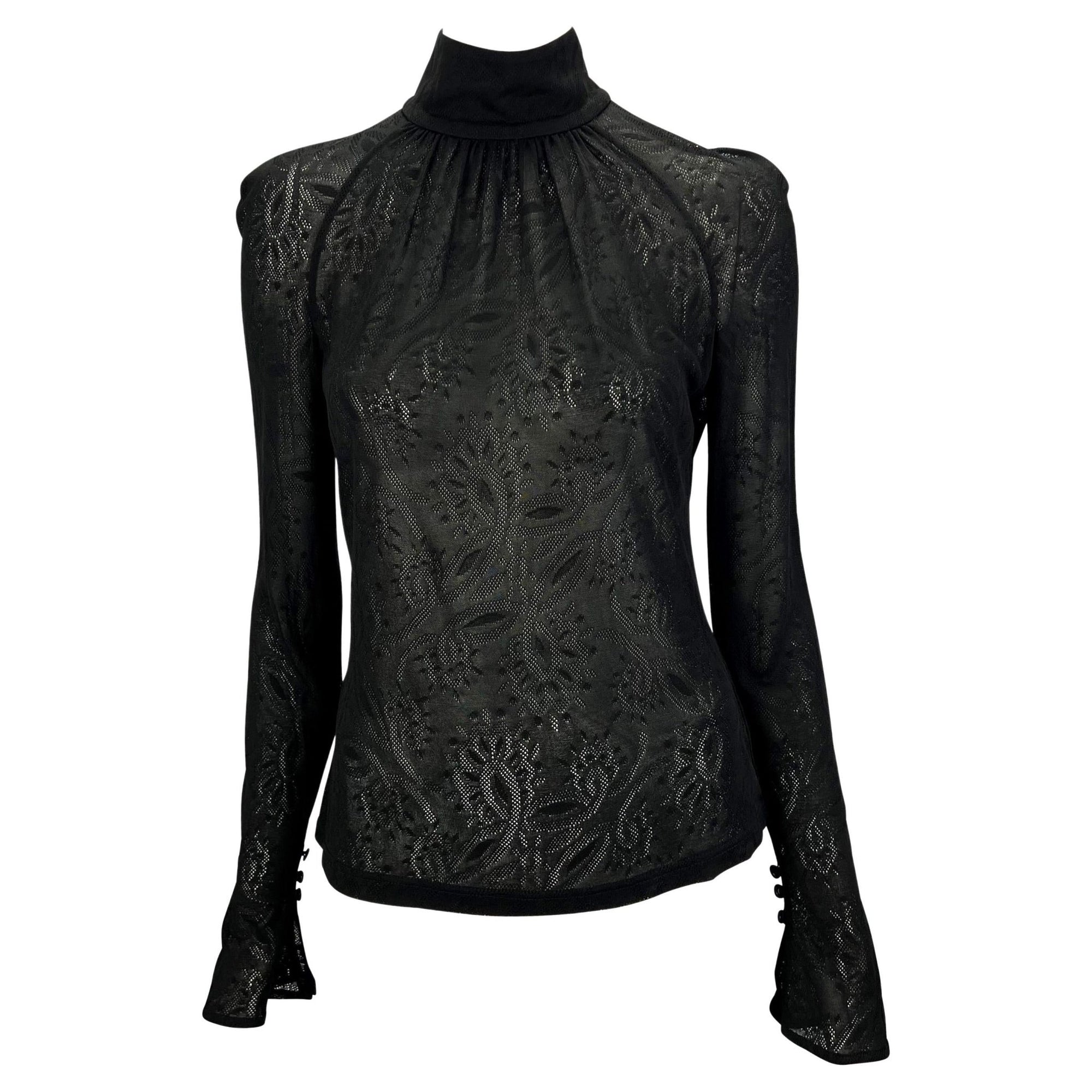 2000s Gianni Versace by Donatella Black Sheer Lace Flare Mock Neck Blouse - RealList