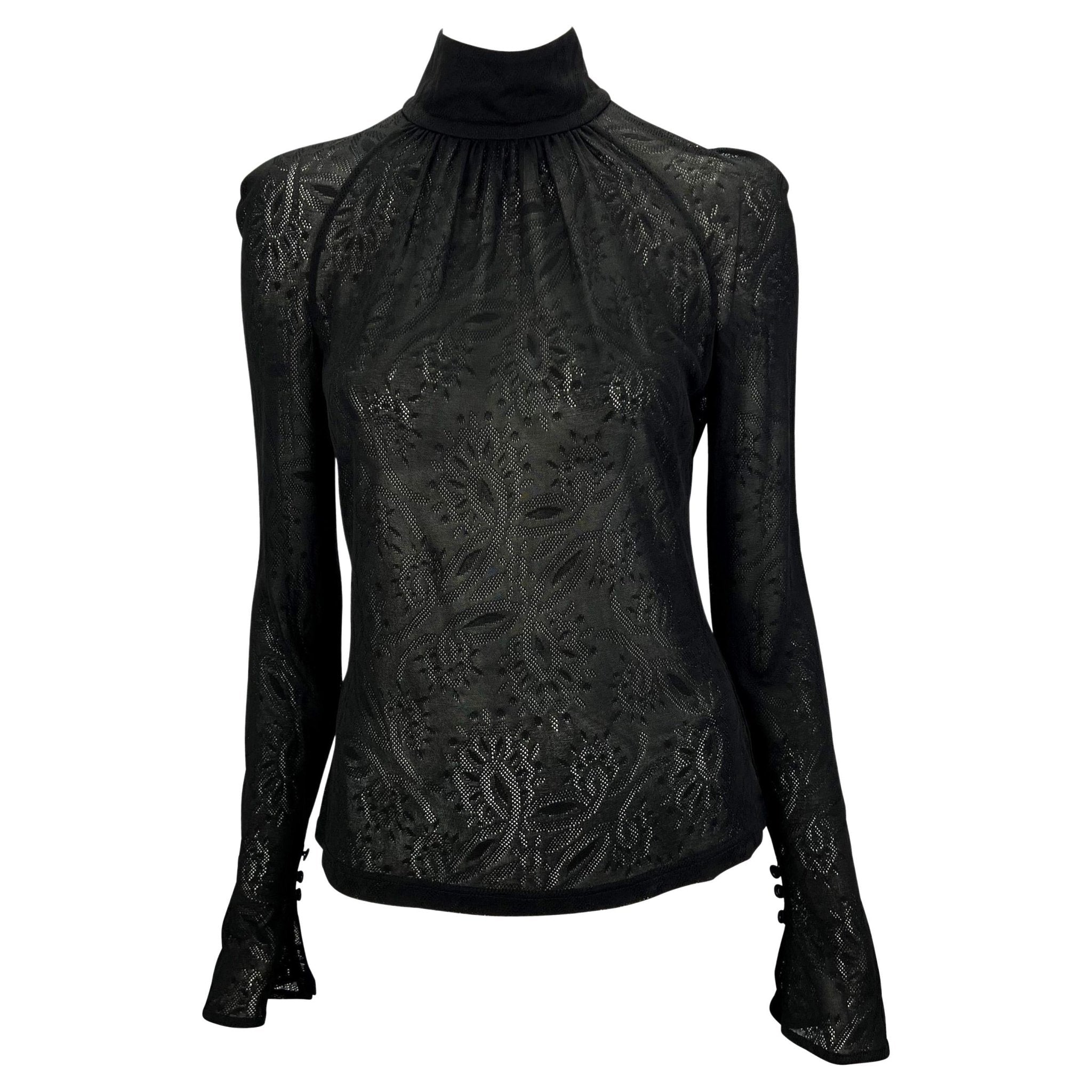 2000s Gianni Versace by Donatella Black Sheer Lace Flare Mock Neck Blouse - RealList