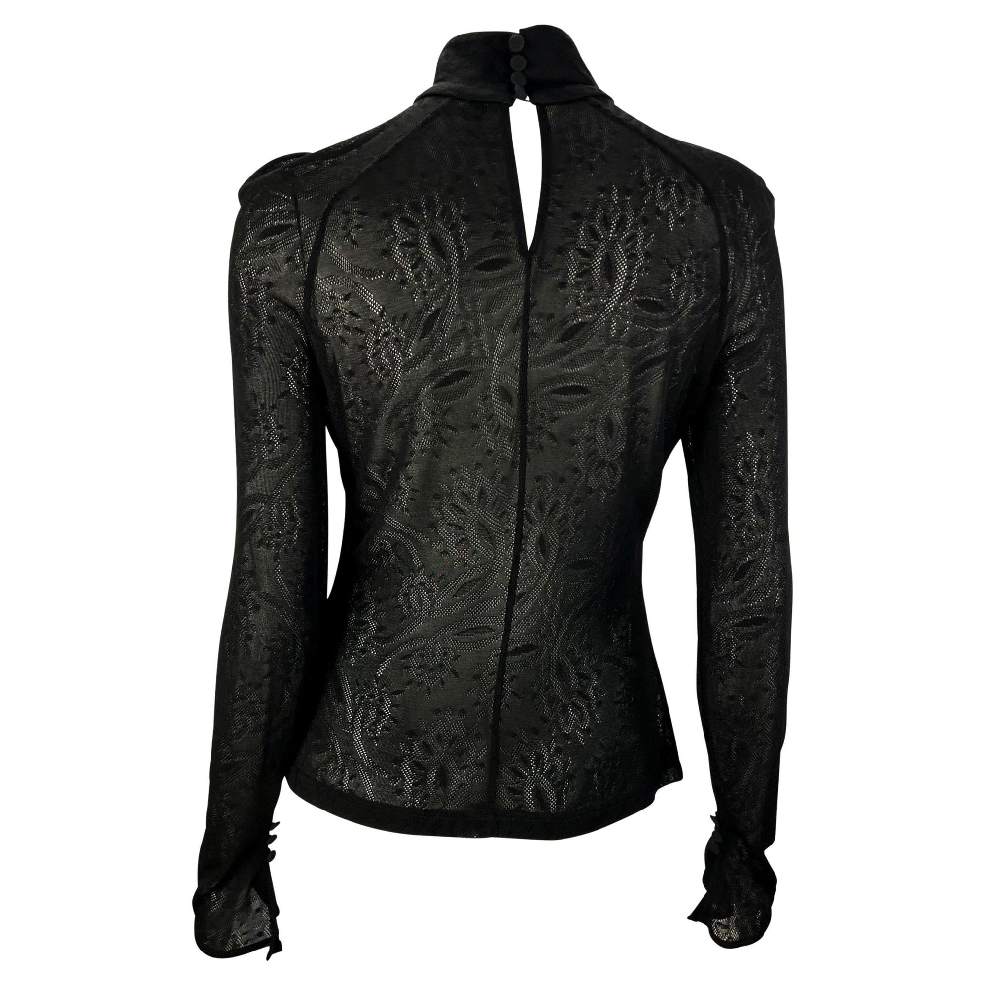 2000s Gianni Versace by Donatella Black Sheer Lace Flare Mock Neck Blouse - RealList