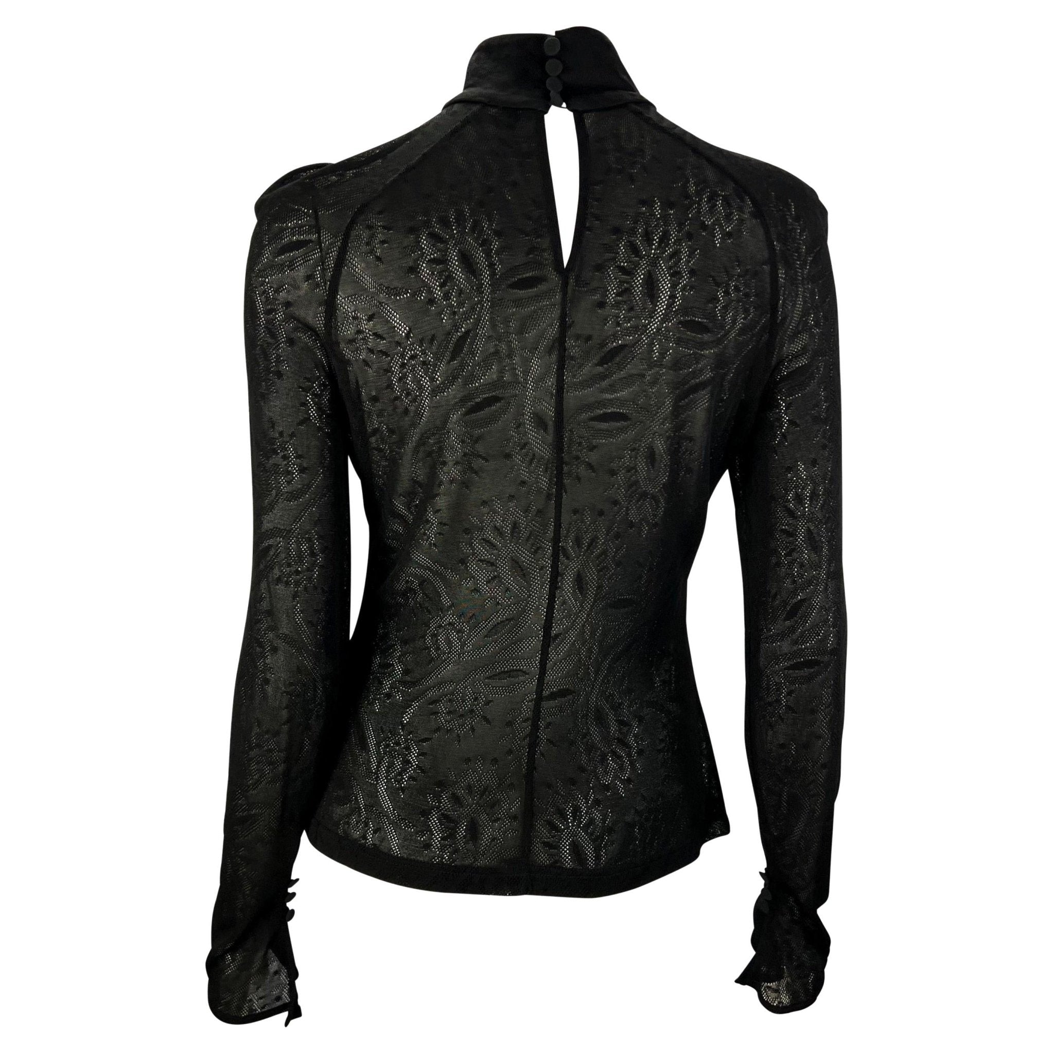 2000s Gianni Versace by Donatella Black Sheer Lace Flare Mock Neck Blouse - RealList