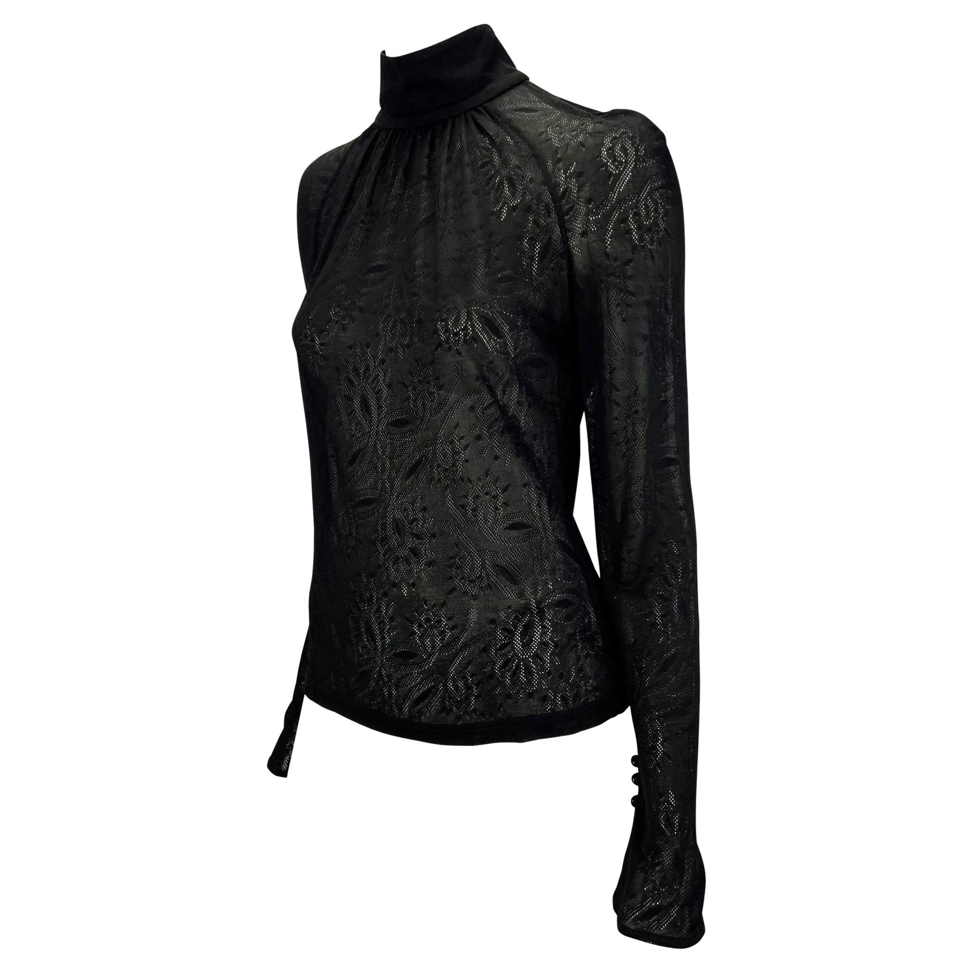 2000s Gianni Versace by Donatella Black Sheer Lace Flare Mock Neck Blouse - RealList