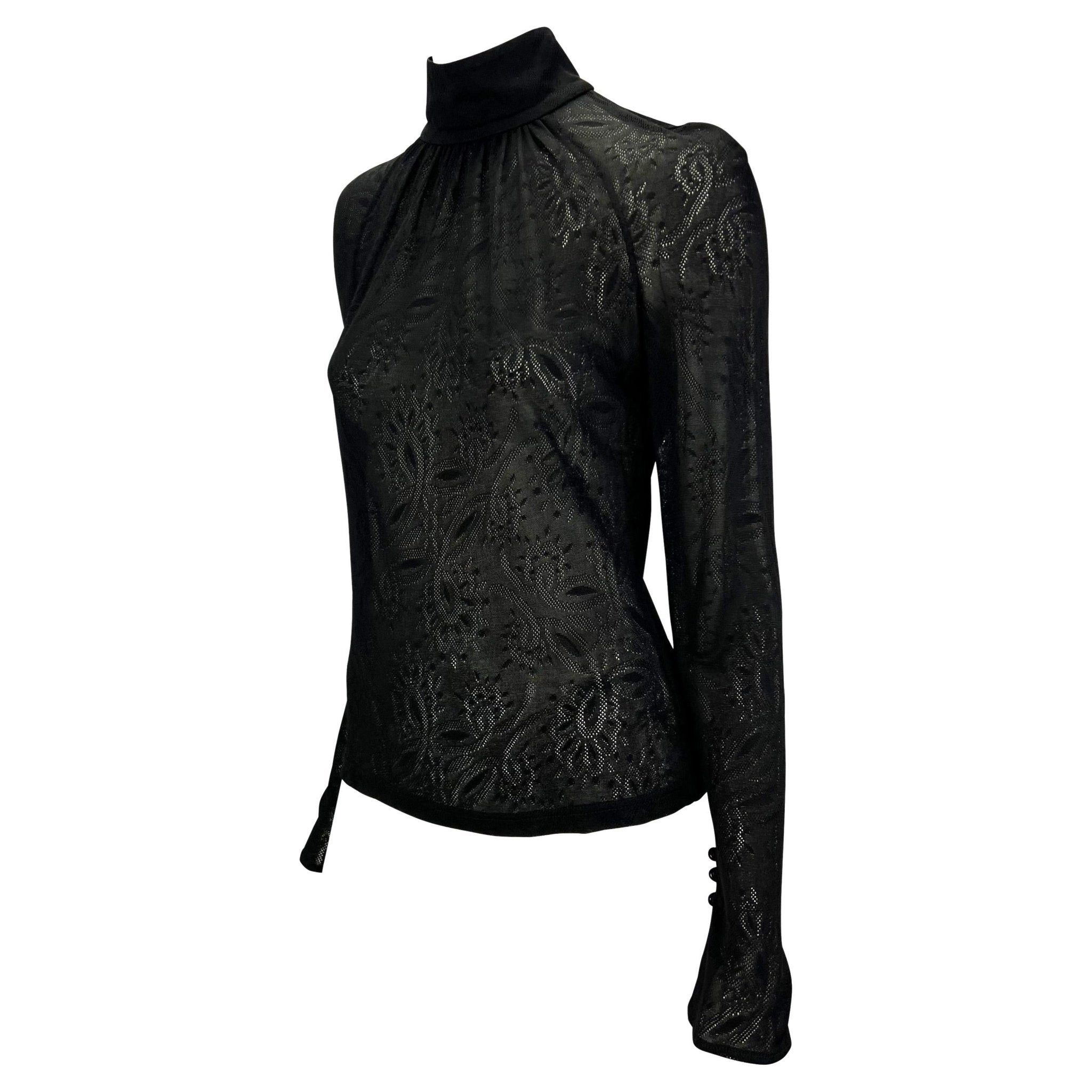 2000s Gianni Versace by Donatella Black Sheer Lace Flare Mock Neck Blouse - RealList
