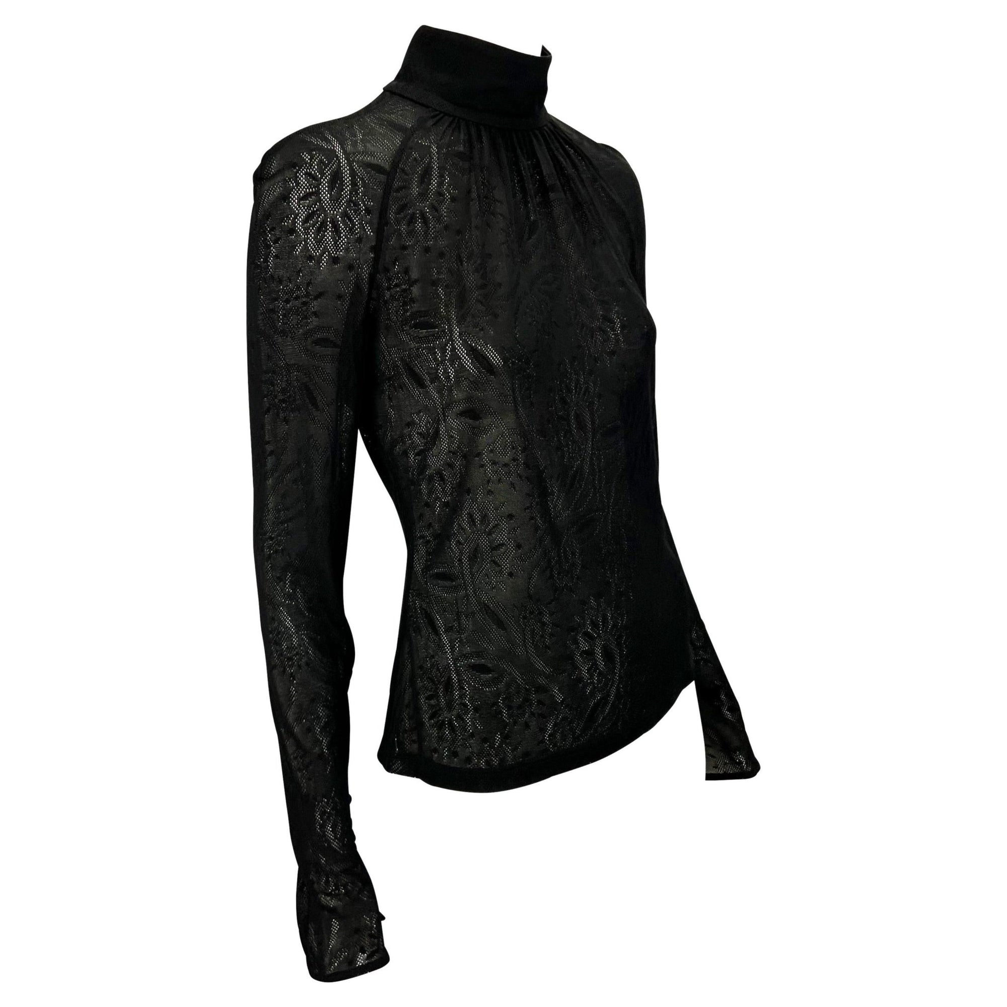 2000s Gianni Versace by Donatella Black Sheer Lace Flare Mock Neck Blouse - RealList