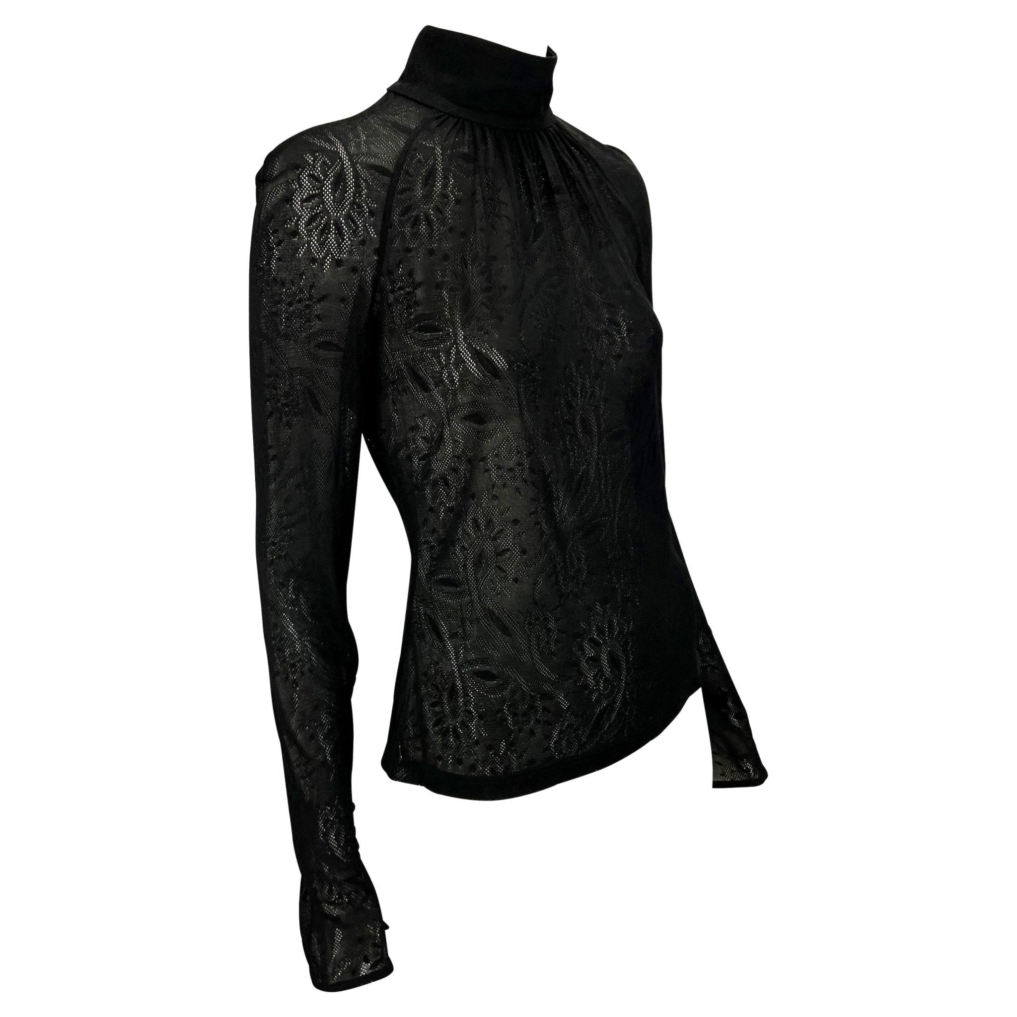 2000s Gianni Versace by Donatella Black Sheer Lace Flare Mock Neck Blouse - RealList