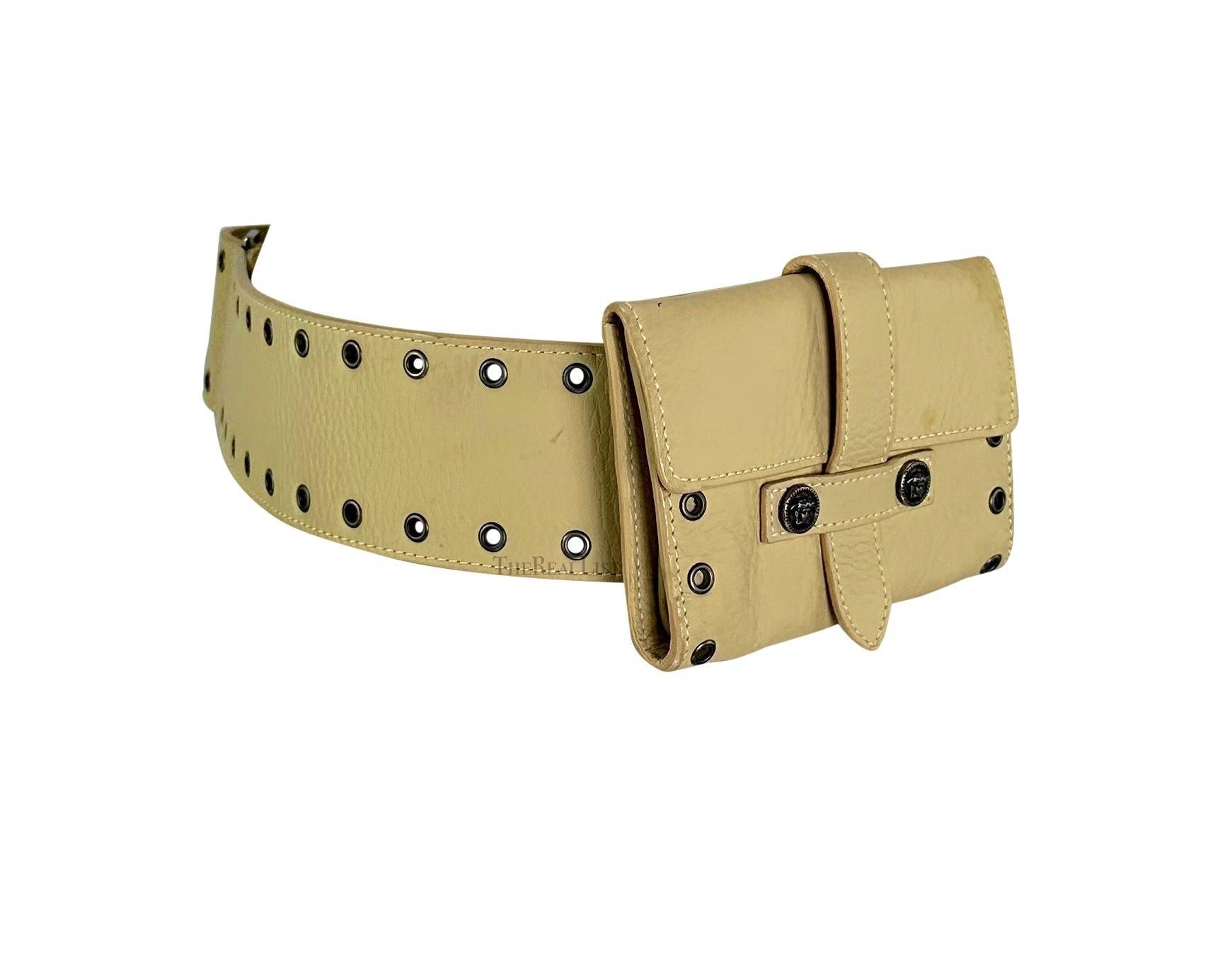2000s Gianni Versace by Donatella Medusa Eyelet Beige Belt Bag Waist Pouch - RealList