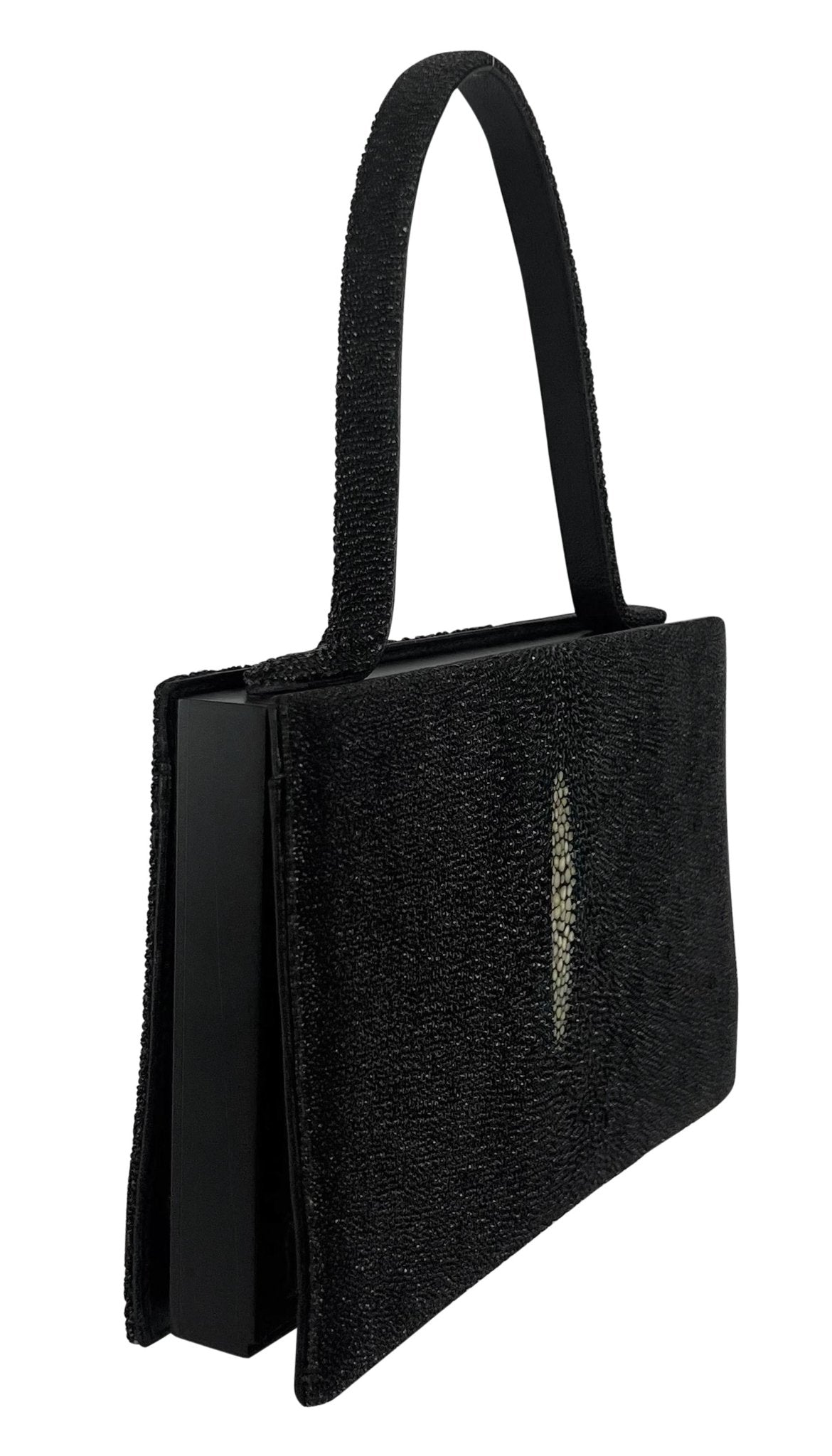 2000s Giorgio Armani Faux Stingray Black Shagreen Wood Frame Mini Evening Bag - RealList