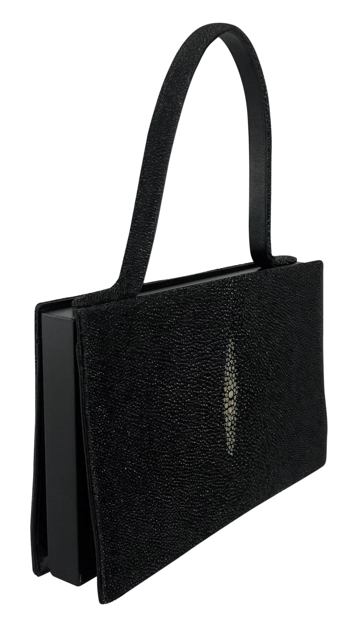 2000s Giorgio Armani Faux Stingray Black Shagreen Wood Frame Mini Evening Bag - RealList