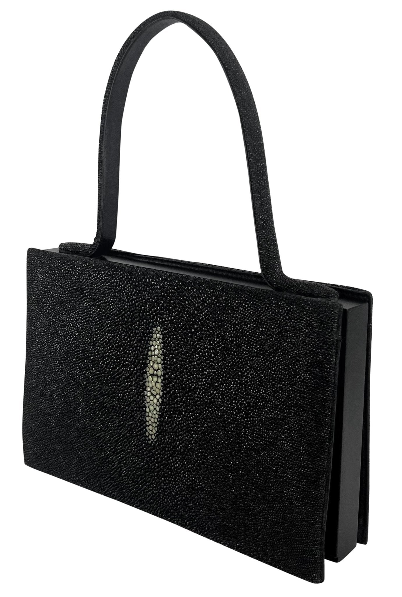 2000s Giorgio Armani Faux Stingray Black Shagreen Wood Frame Mini Evening Bag - RealList