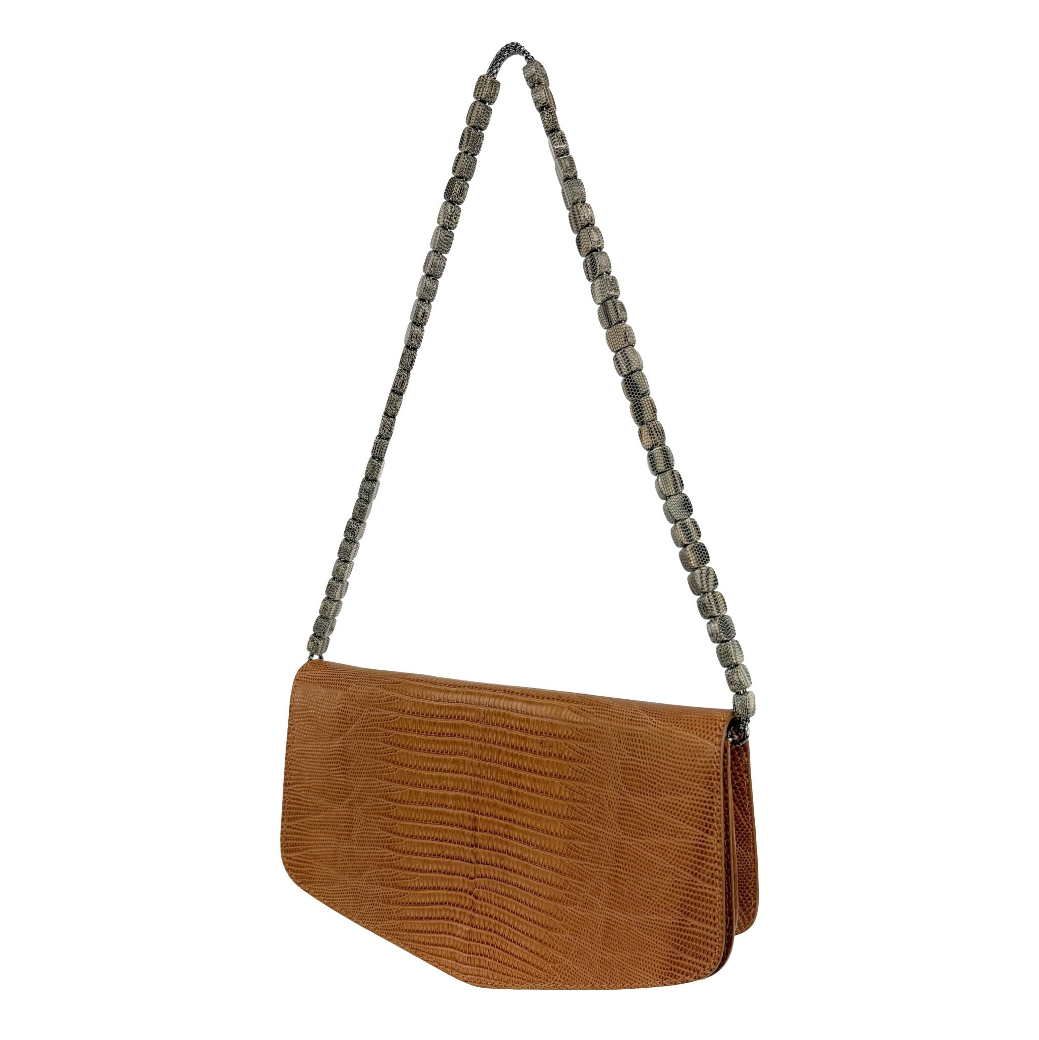 2000s Giorgio Armani Orange Lizard Skin Beaded Chain Small Shoulder Bag - RealList