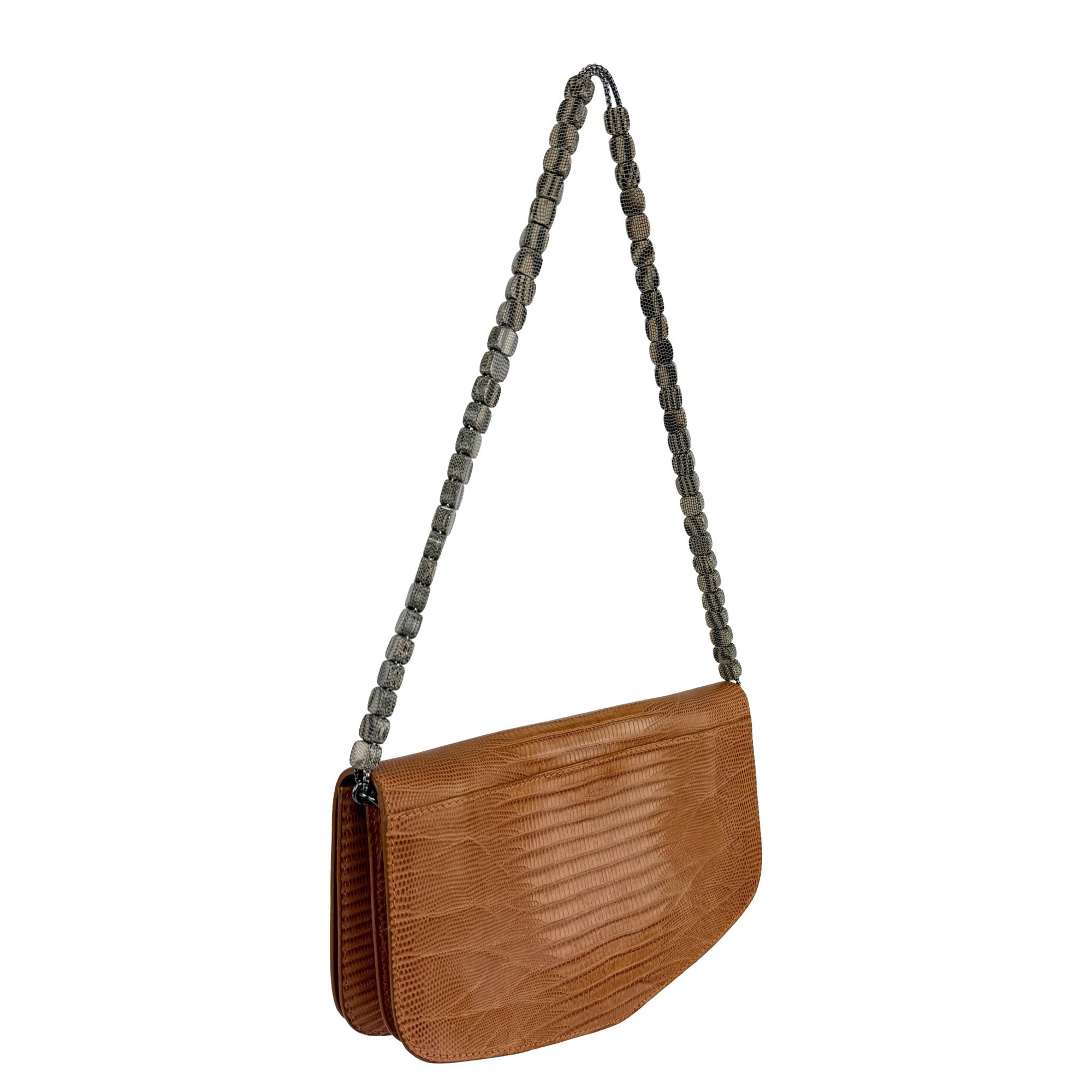 2000s Giorgio Armani Orange Lizard Skin Beaded Chain Small Shoulder Bag - RealList