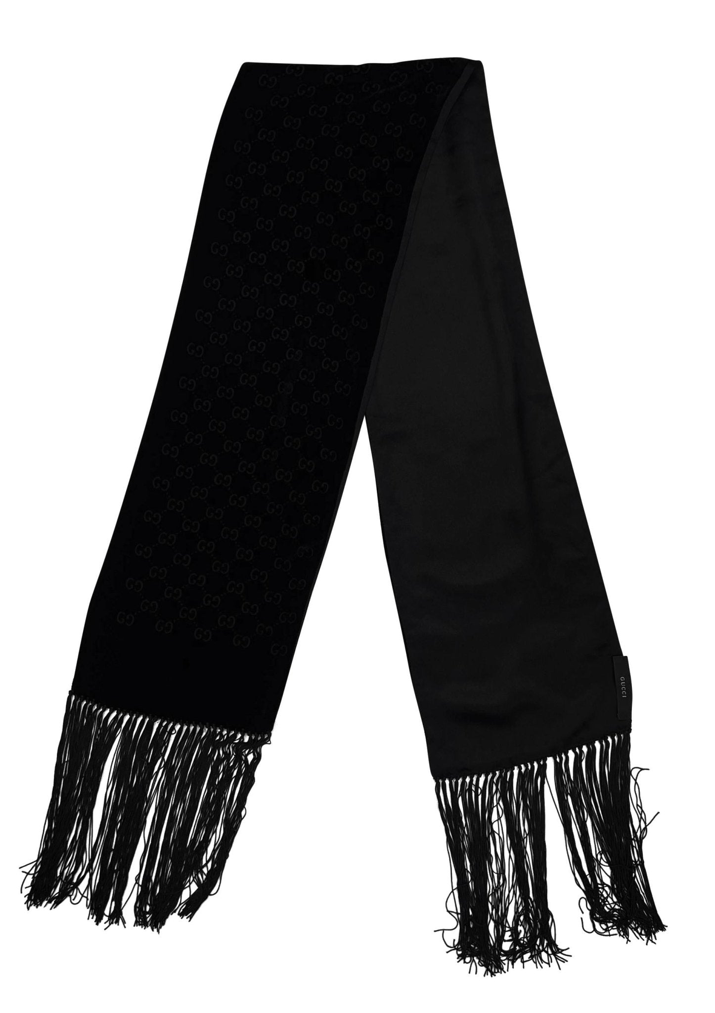 2000s Gucci by Tom Ford Black Velvet GG Devoré Fringe Rectangular Scarf - RealList