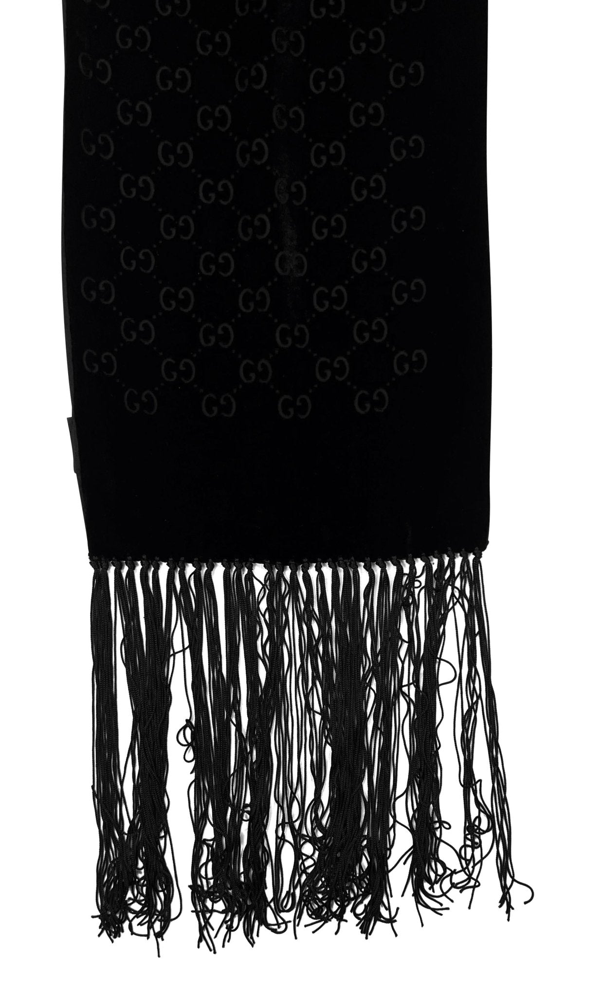 2000s Gucci by Tom Ford Black Velvet GG Devoré Fringe Rectangular Scarf - RealList