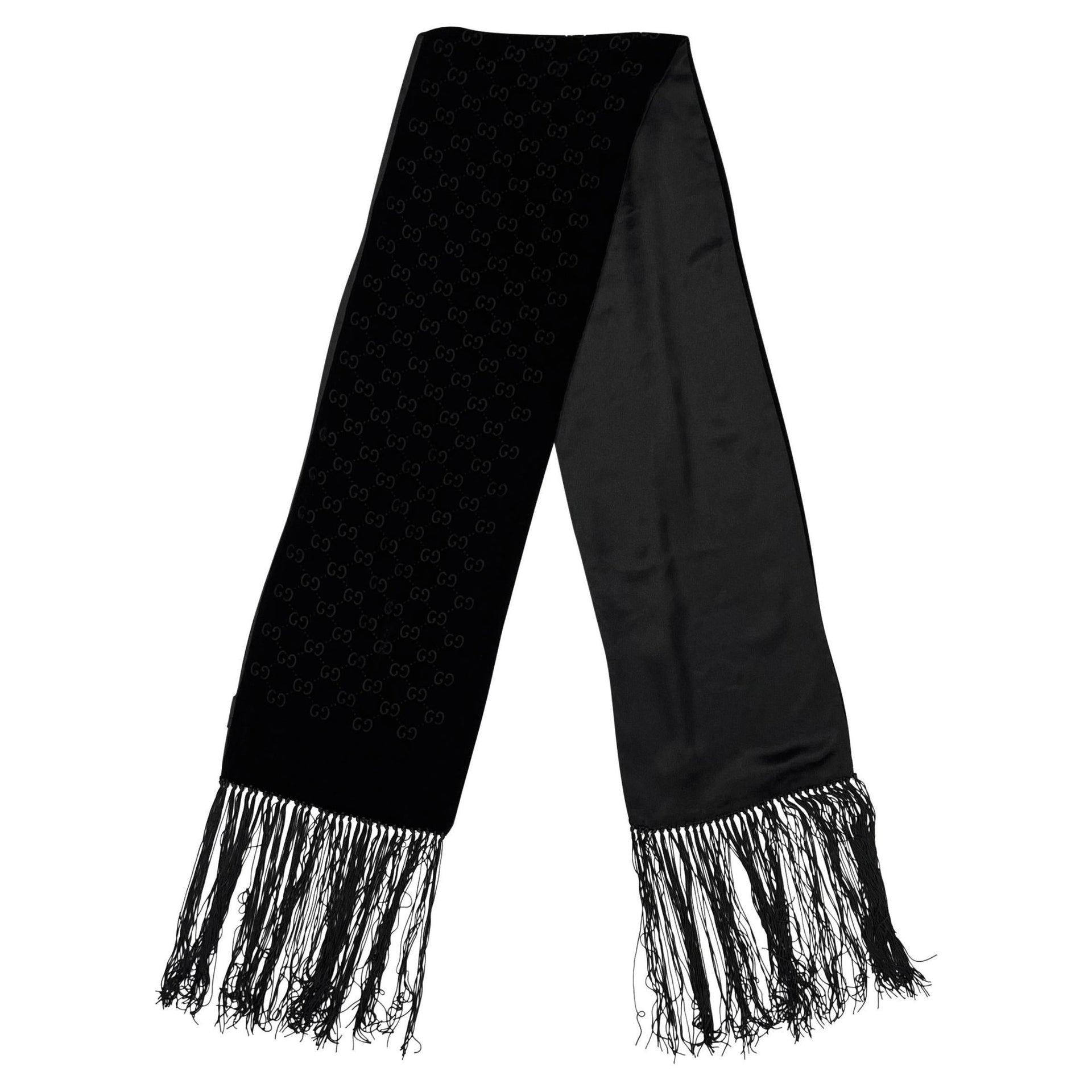 2000s Gucci by Tom Ford Black Velvet GG Devoré Fringe Rectangular Scarf - RealList