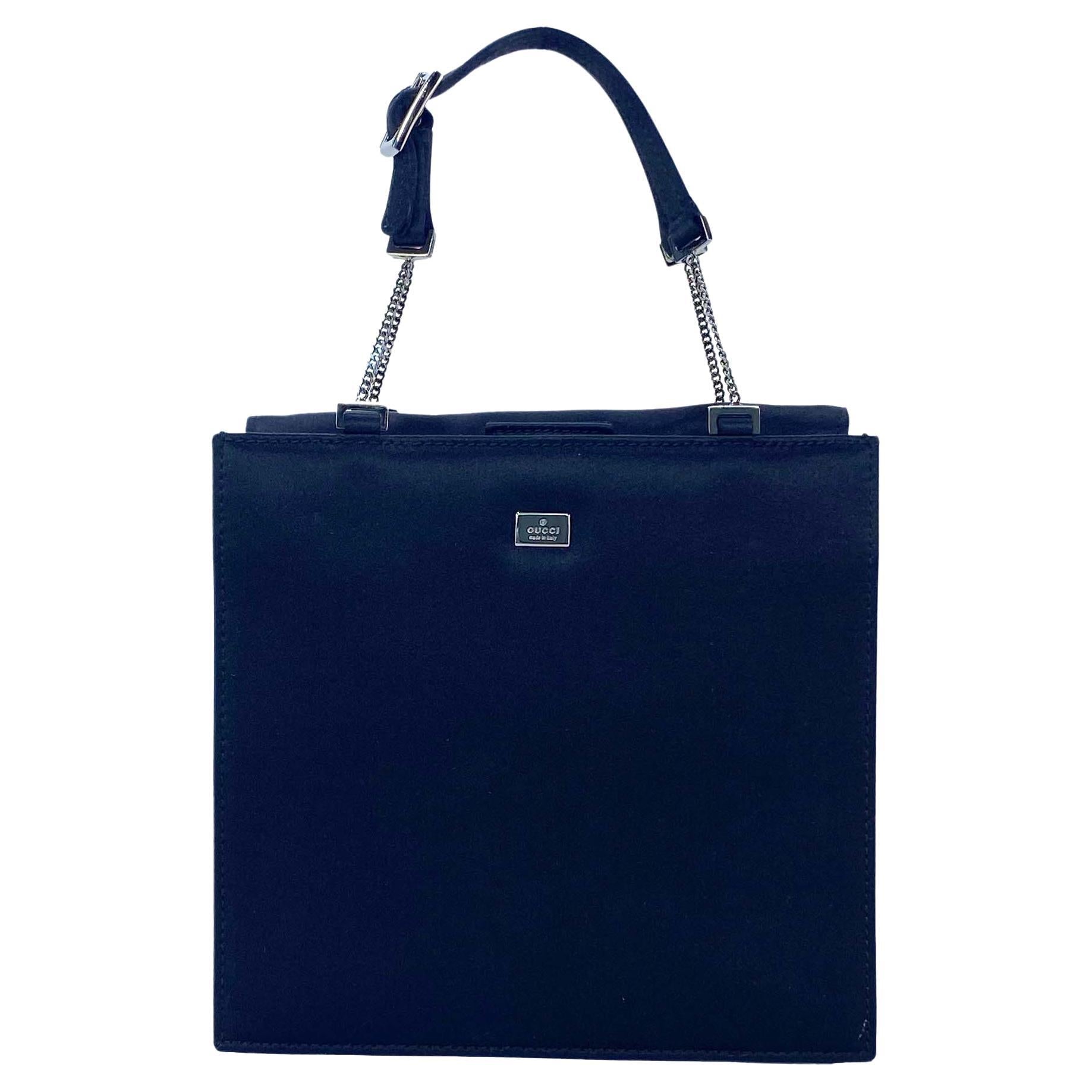 2000s Gucci by Tom Ford Mini Black Silk Satin Square Chain Logo Evening Bag - RealList