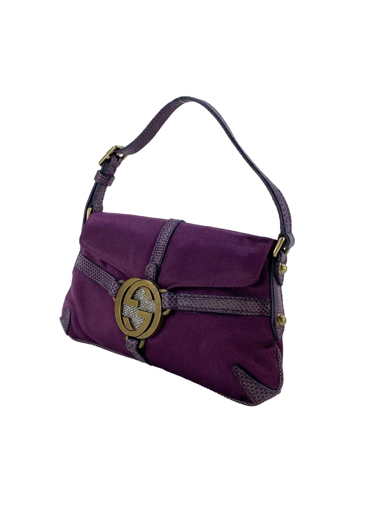 2000s Gucci by Tom Ford Mini Reins Purple Lizard Silk Satin Rhinestone Thong Bag - RealList