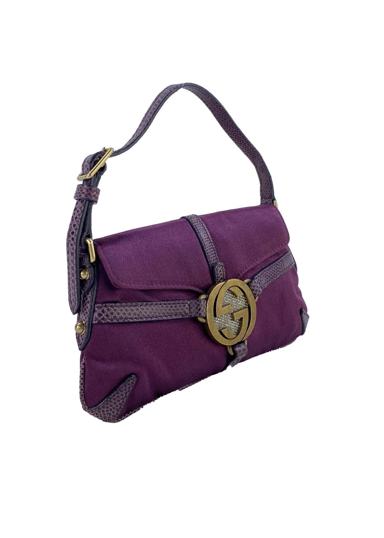 2000s Gucci by Tom Ford Mini Reins Purple Lizard Silk Satin Rhinestone Thong Bag - RealList