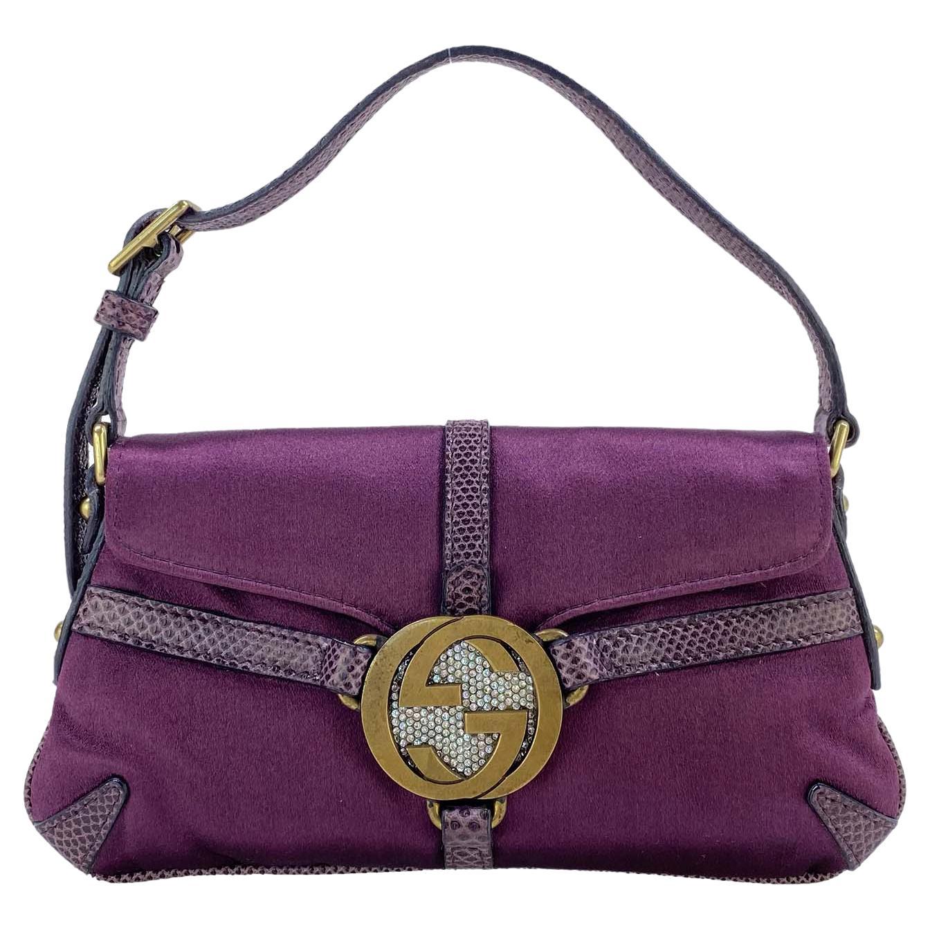 2000s Gucci by Tom Ford Mini Reins Purple Lizard Silk Satin Rhinestone Thong Bag - RealList