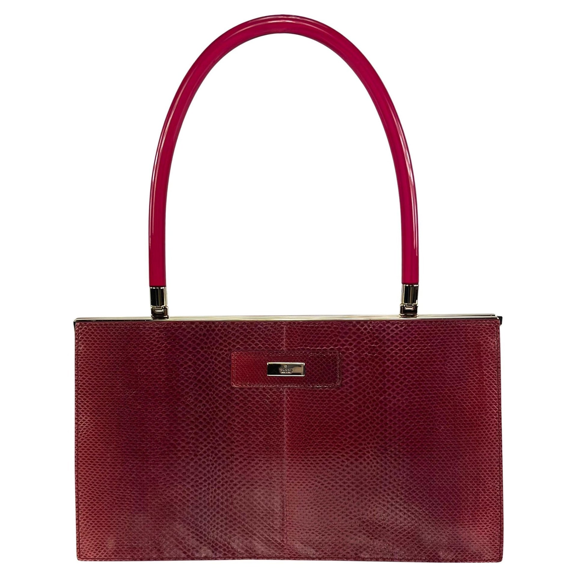 2000s Gucci by Tom Ford Red Karung Snakeskin Acrylic Lucite Handle Bag - RealList