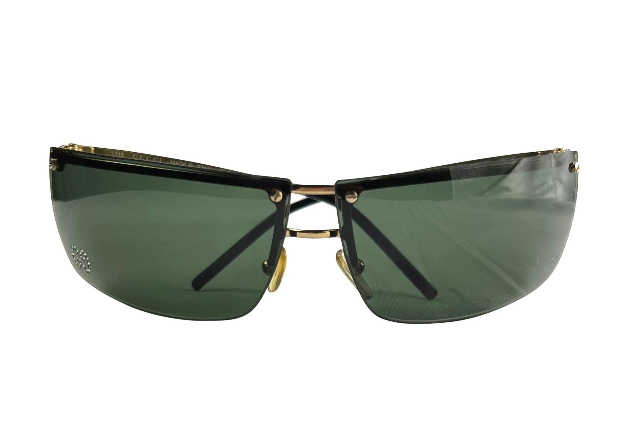 2000s Gucci by Tom Ford Rimless Gold Tone and Green GG Rhinestone Sunglasses Y2K - RealList