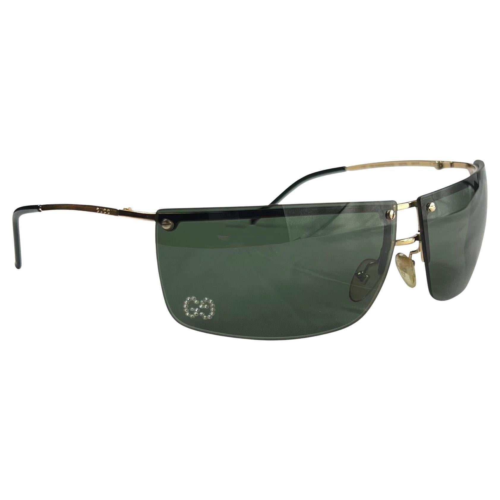 2000s Gucci by Tom Ford Rimless Gold Tone and Green GG Rhinestone Sunglasses Y2K - RealList