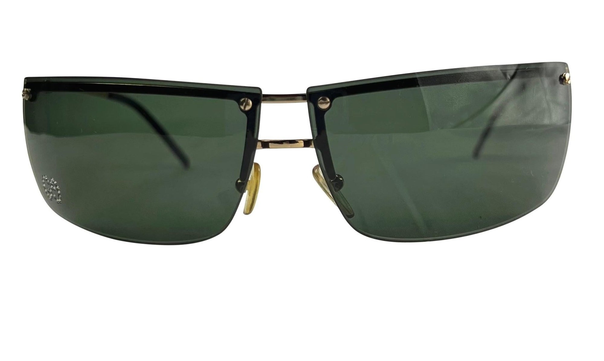 2000s Gucci by Tom Ford Rimless Gold Tone and Green GG Rhinestone Sunglasses Y2K - RealList