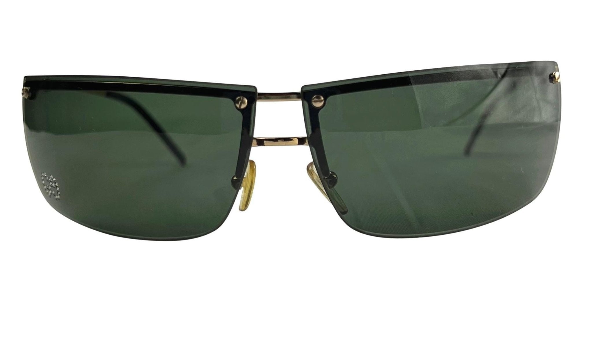 2000s Gucci by Tom Ford Rimless Gold Tone and Green GG Rhinestone Sunglasses Y2K - RealList
