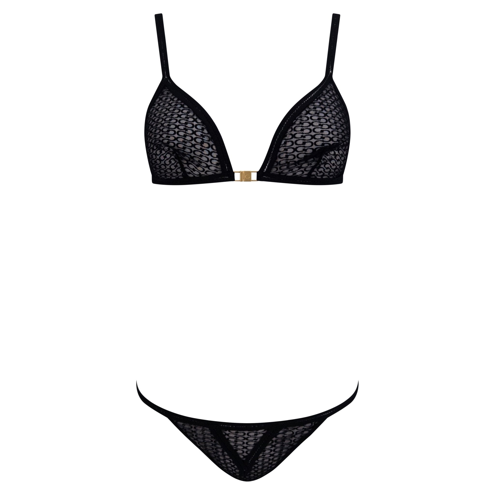 2000s Gucci by Tom Ford Sheer Black GG Gold Buckle Bra Lingerie Set - RealList