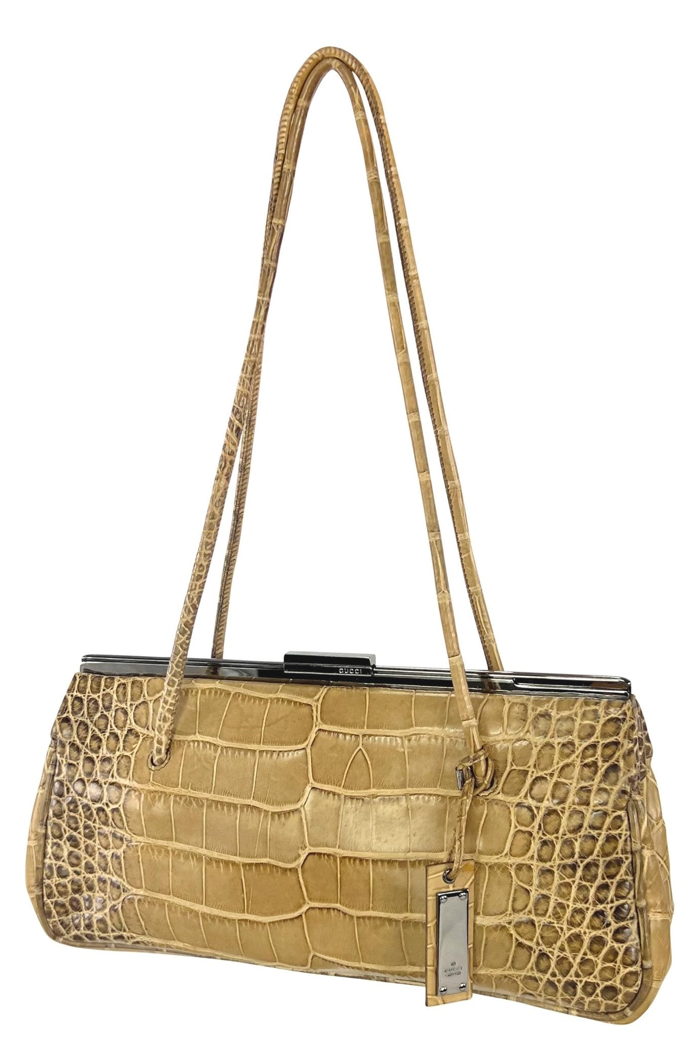 2000s Gucci by Tom Ford Tan Genuine Crocodile Skin Sliding Lock Shoulder Bag - RealList