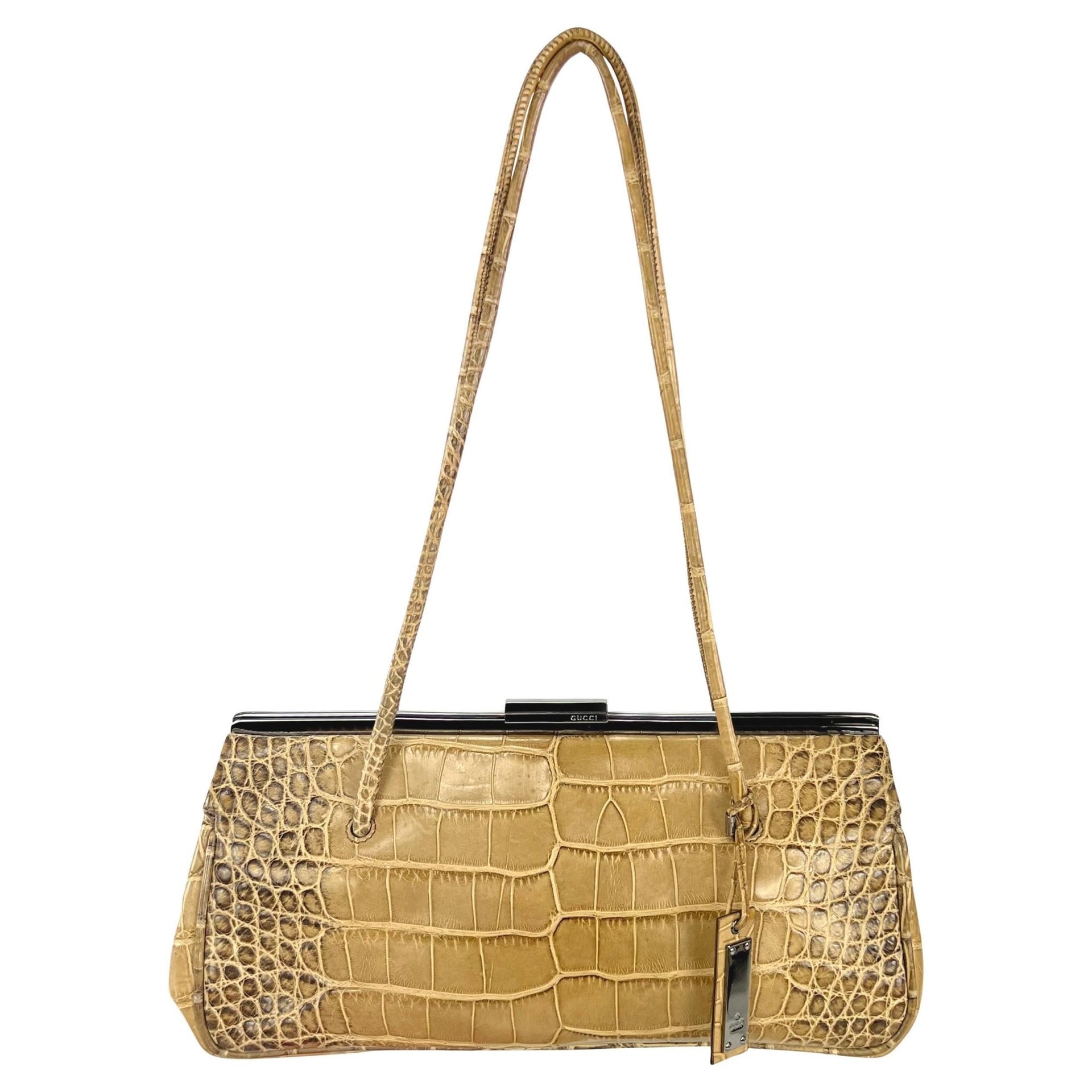 2000s Gucci by Tom Ford Tan Genuine Crocodile Skin Sliding Lock Shoulder Bag - RealList