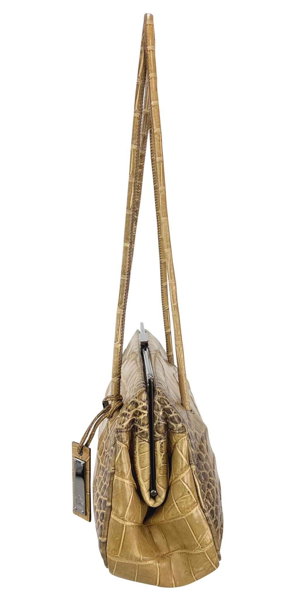 2000s Gucci by Tom Ford Tan Genuine Crocodile Skin Sliding Lock Shoulder Bag - RealList