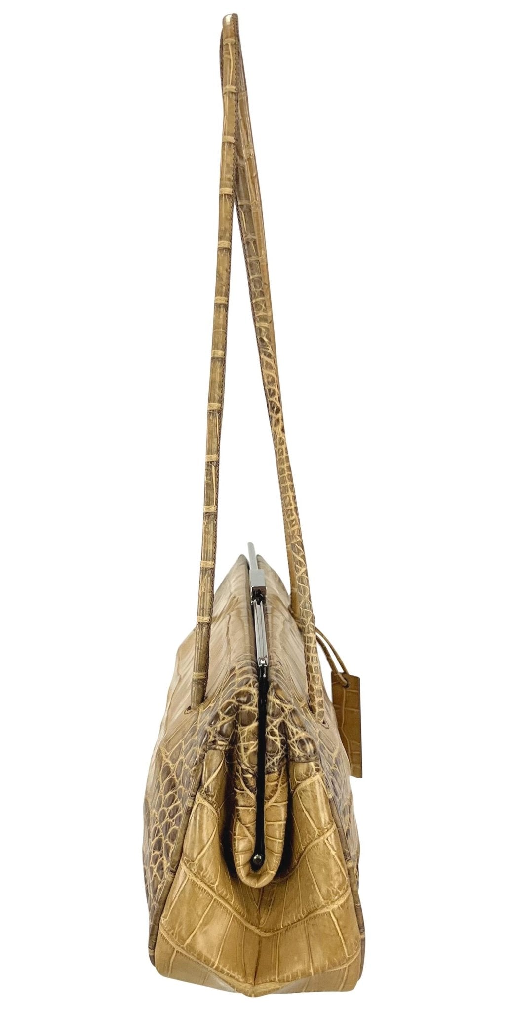 2000s Gucci by Tom Ford Tan Genuine Crocodile Skin Sliding Lock Shoulder Bag - RealList