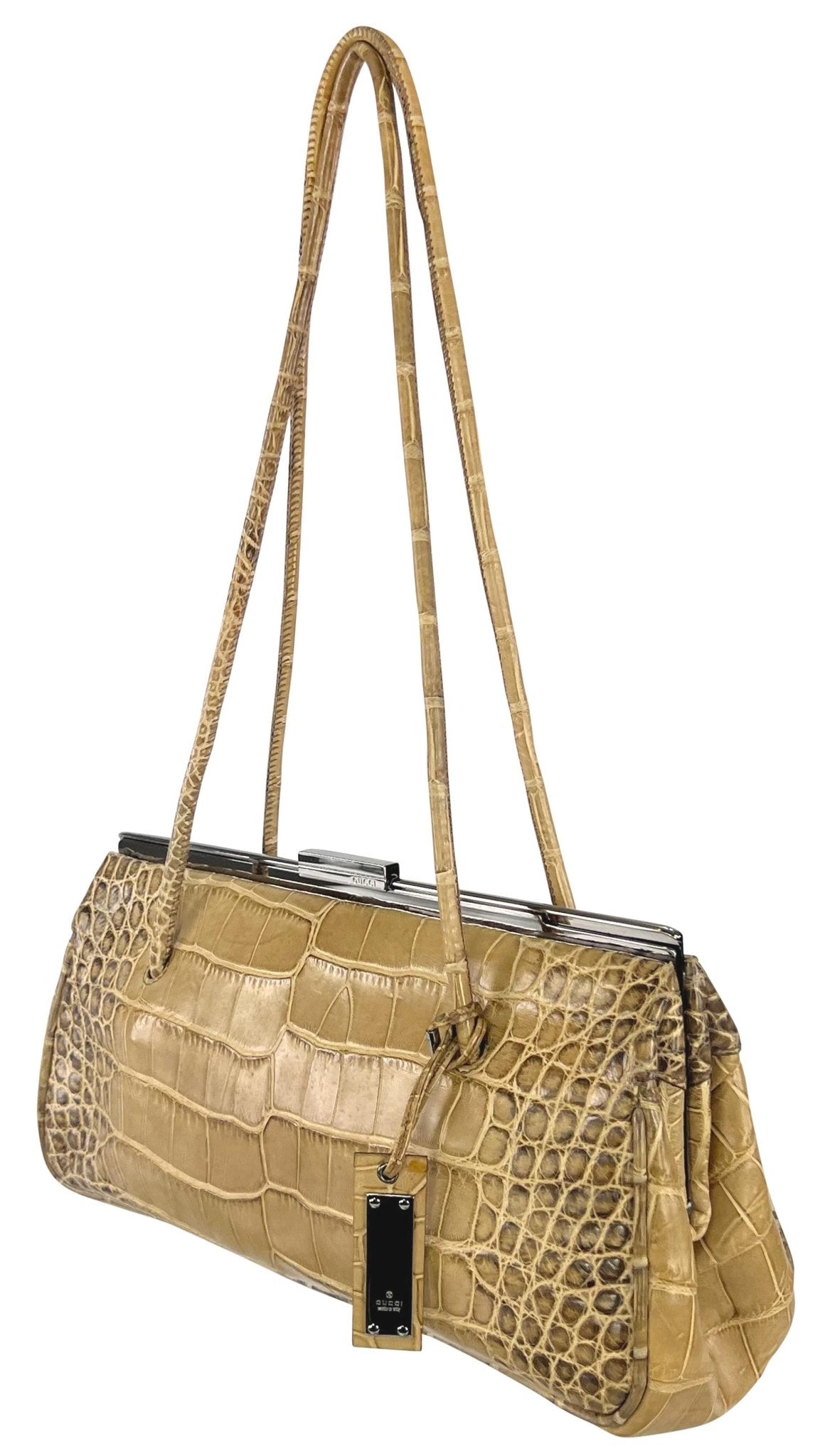 2000s Gucci by Tom Ford Tan Genuine Crocodile Skin Sliding Lock Shoulder Bag - RealList