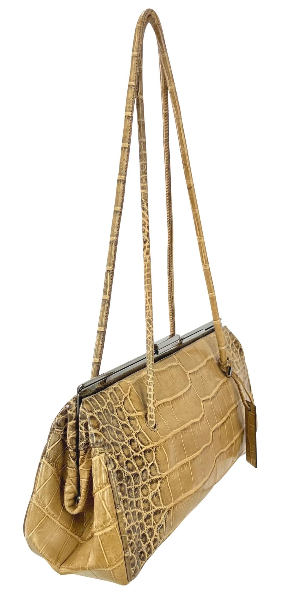 2000s Gucci by Tom Ford Tan Genuine Crocodile Skin Sliding Lock Shoulder Bag - RealList