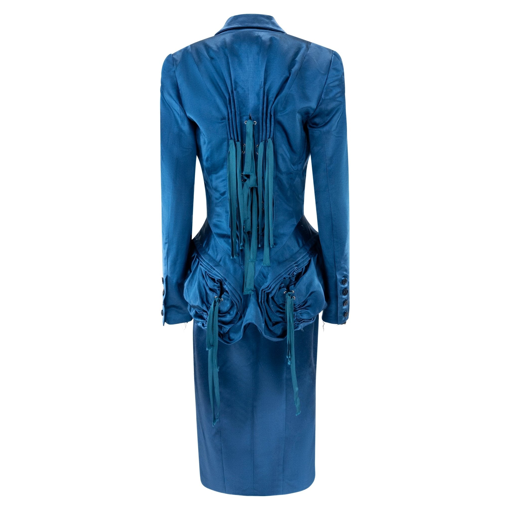 2000s John Galliano Prototype Blue Gathered Lace-Up Zip Dress Suit Set - RealList