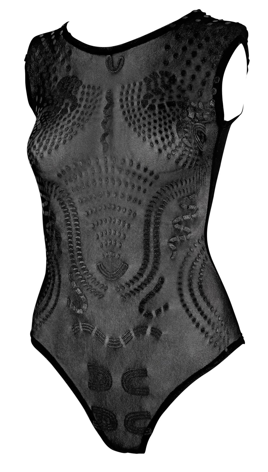 2000s Krizia Sheer Black Mesh Abstract Anatomic Sleeveless Bodysuit Top - RealList